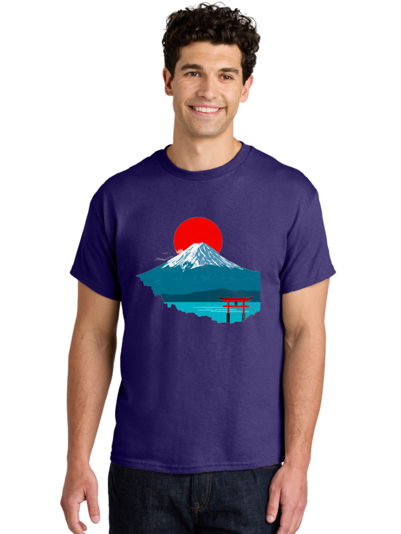 Mount-Fuji-Torii Men'S Graphic Tee, 100% Cotton, Comfortable Casual Summer Wear, Machine Washable, Mount Fuji Landscape, Japanese Scenery, Torii Gate, Red Sun, Serene Lake, Snowy Mountain, Traditional Japan, Vibrant Colors, Iconic Landmarks, Bad977