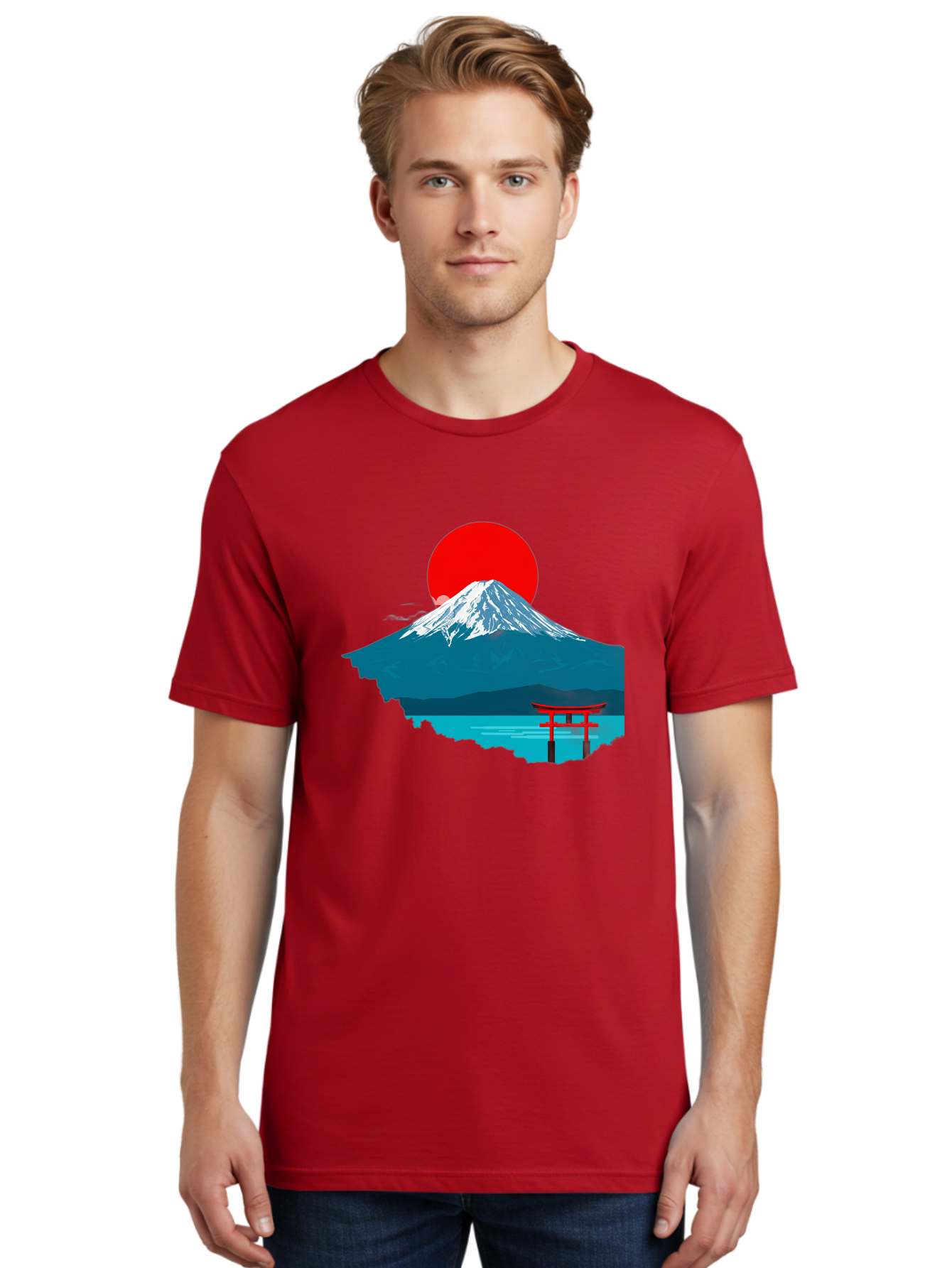 Mount-Fuji-Torii Men'S Graphic Tee, 100% Cotton, Comfortable Casual Summer Wear, Machine Washable, Mount Fuji Landscape, Japanese Scenery, Torii Gate, Red Sun, Serene Lake, Snowy Mountain, Traditional Japan, Vibrant Colors, Iconic Landmarks, Bad977
