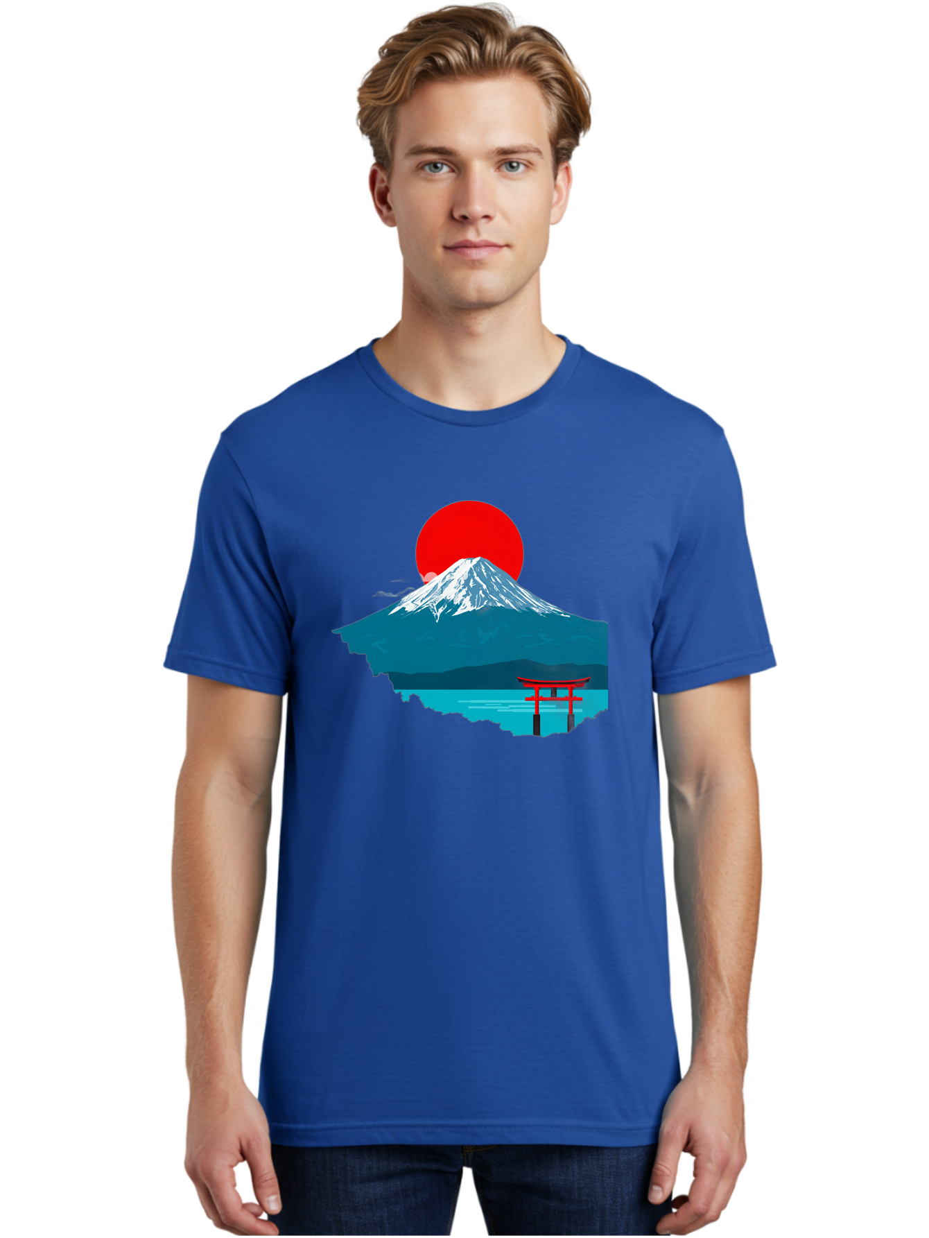 Mount-Fuji-Torii Men'S Graphic Tee, 100% Cotton, Comfortable Casual Summer Wear, Machine Washable, Mount Fuji Landscape, Japanese Scenery, Torii Gate, Red Sun, Serene Lake, Snowy Mountain, Traditional Japan, Vibrant Colors, Iconic Landmarks, Bad977
