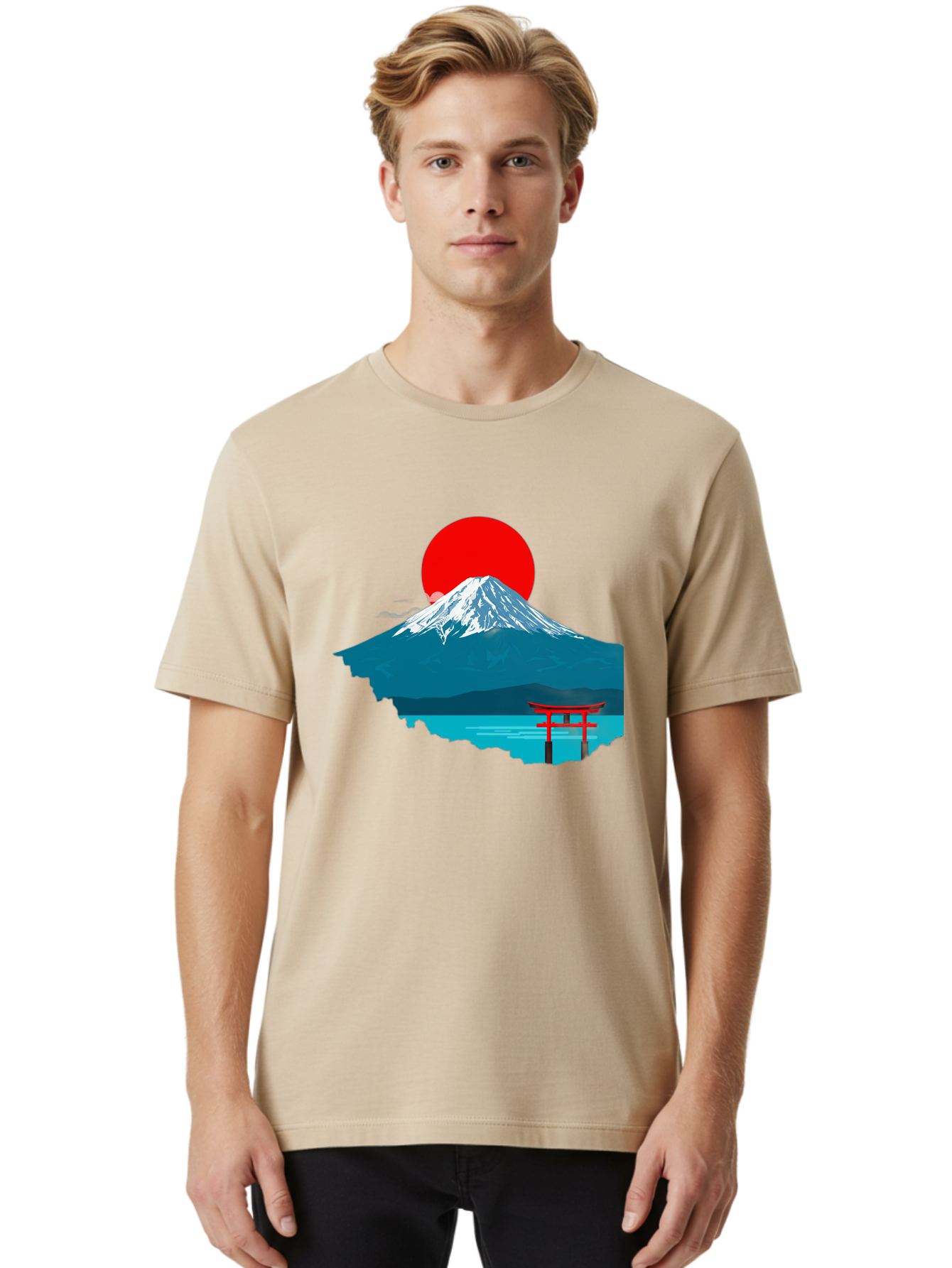 Mount-Fuji-Torii Men'S Graphic Tee, 100% Cotton, Comfortable Casual Summer Wear, Machine Washable, Mount Fuji Landscape, Japanese Scenery, Torii Gate, Red Sun, Serene Lake, Snowy Mountain, Traditional Japan, Vibrant Colors, Iconic Landmarks, Bad977