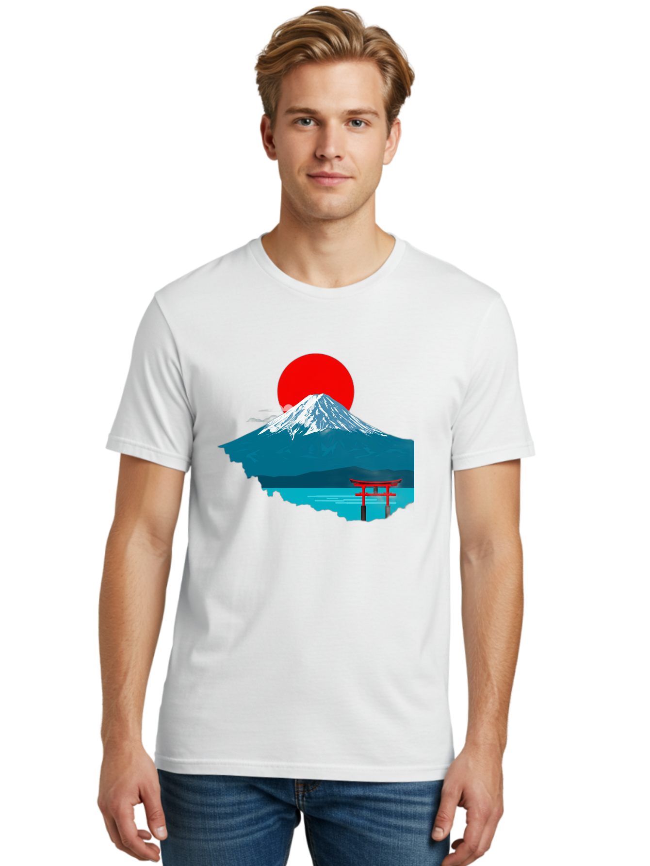 Mount-Fuji-Torii Men'S Graphic Tee, 100% Cotton, Comfortable Casual Summer Wear, Machine Washable, Mount Fuji Landscape, Japanese Scenery, Torii Gate, Red Sun, Serene Lake, Snowy Mountain, Traditional Japan, Vibrant Colors, Iconic Landmarks, Bad977