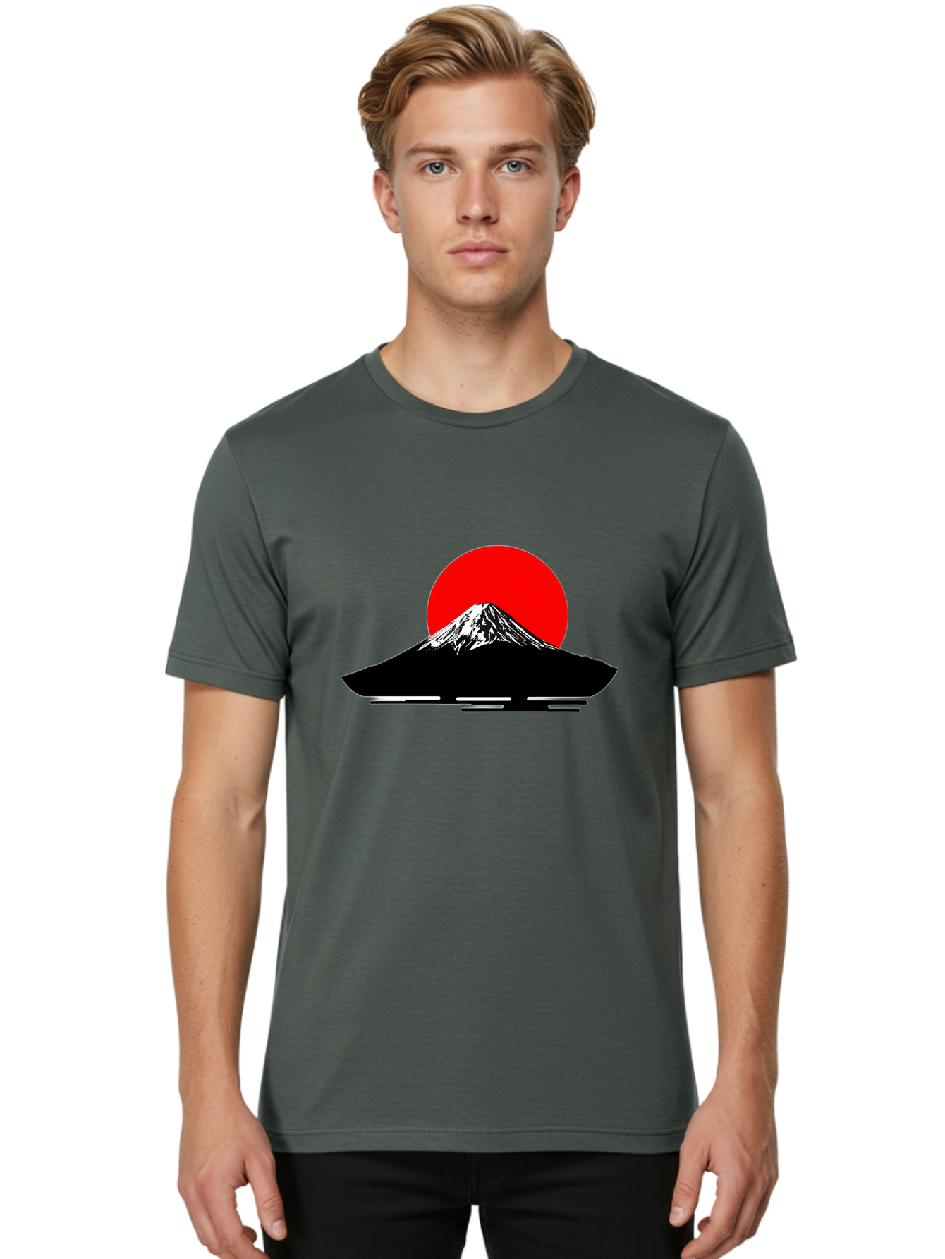 Mount-Fuji Men'S Graphic Tee, 100% Cotton, Comfortable Casual Summer Wear, Machine Washable, Mount Fuji Landscape, Red Sun, Minimalist Design, Iconic Mountain, Japanese Scenery, Striking Silhouette, Simple Shapes, Bold Colors Bad978