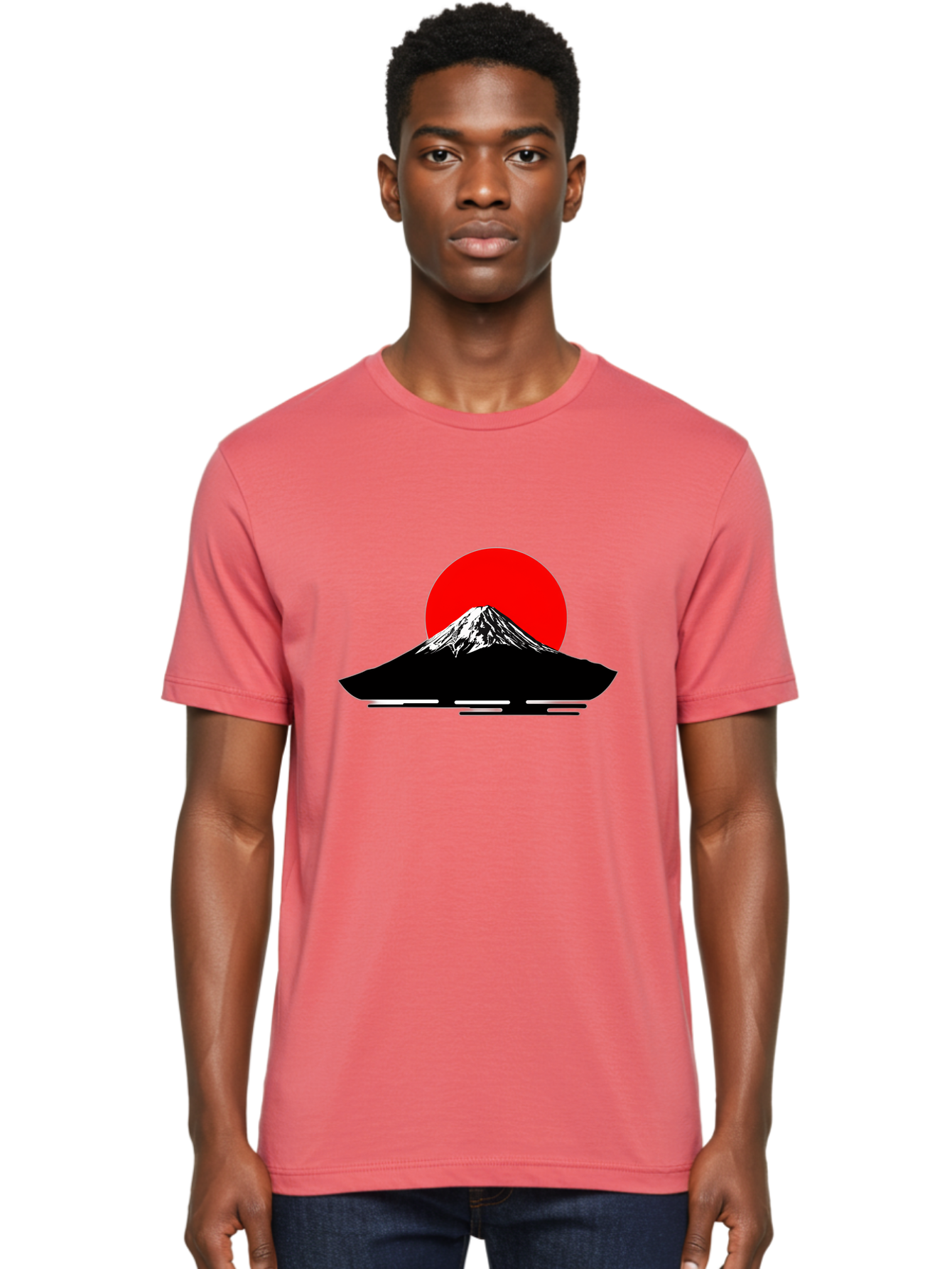 Mount-Fuji Men'S Graphic Tee, 100% Cotton, Comfortable Casual Summer Wear, Machine Washable, Mount Fuji Landscape, Red Sun, Minimalist Design, Iconic Mountain, Japanese Scenery, Striking Silhouette, Simple Shapes, Bold Colors Bad978
