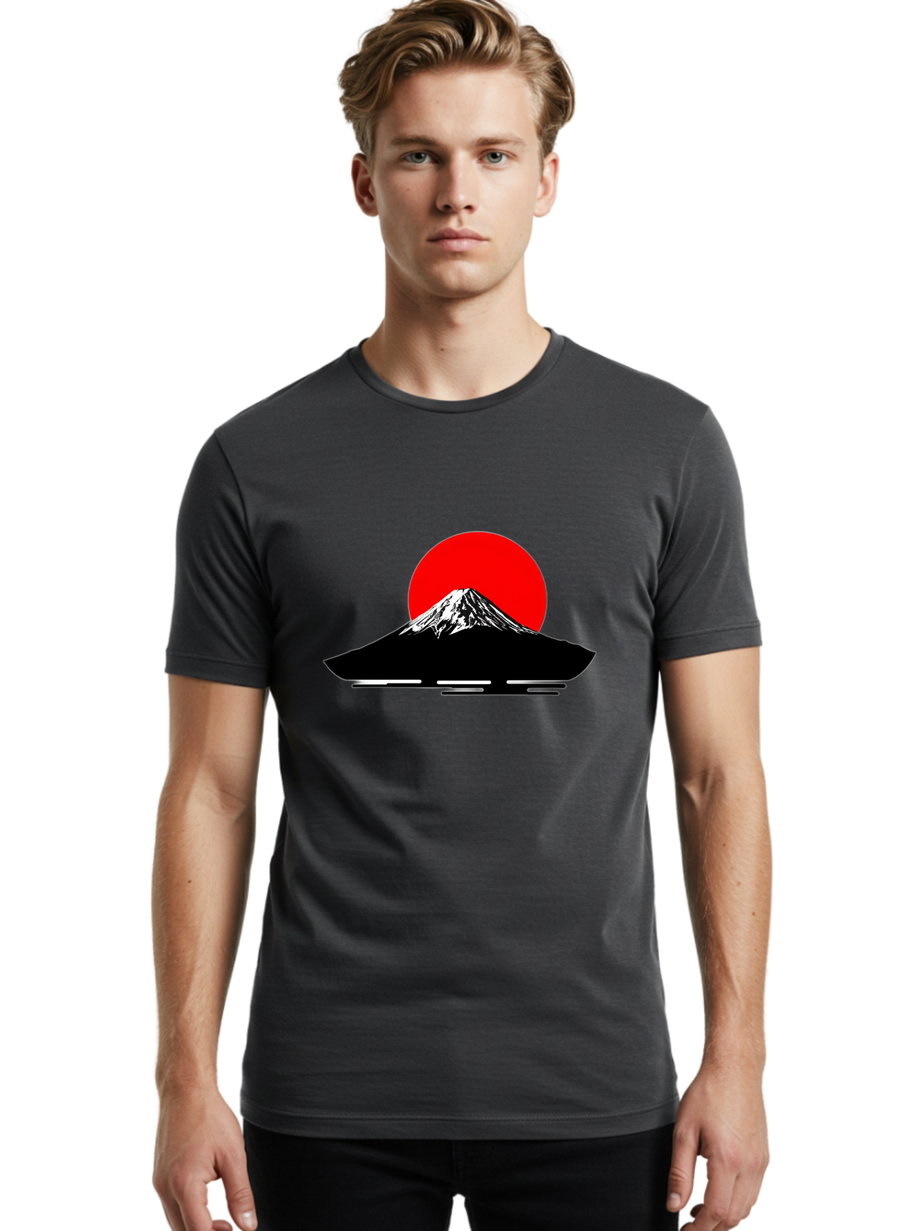 Mount-Fuji Men'S Graphic Tee, 100% Cotton, Comfortable Casual Summer Wear, Machine Washable, Mount Fuji Landscape, Red Sun, Minimalist Design, Iconic Mountain, Japanese Scenery, Striking Silhouette, Simple Shapes, Bold Colors Bad978
