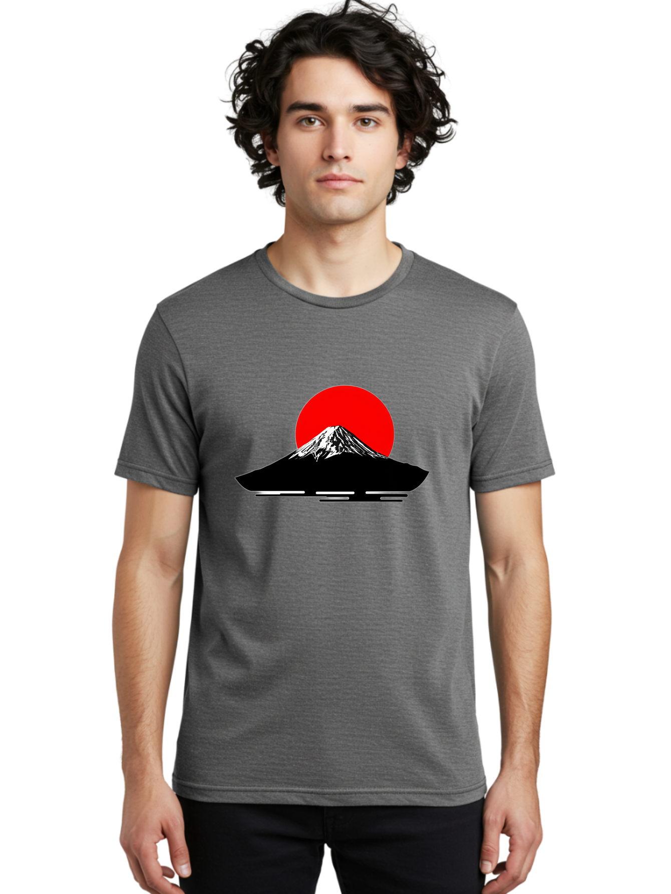 Mount-Fuji Men'S Graphic Tee, 100% Cotton, Comfortable Casual Summer Wear, Machine Washable, Mount Fuji Landscape, Red Sun, Minimalist Design, Iconic Mountain, Japanese Scenery, Striking Silhouette, Simple Shapes, Bold Colors Bad978