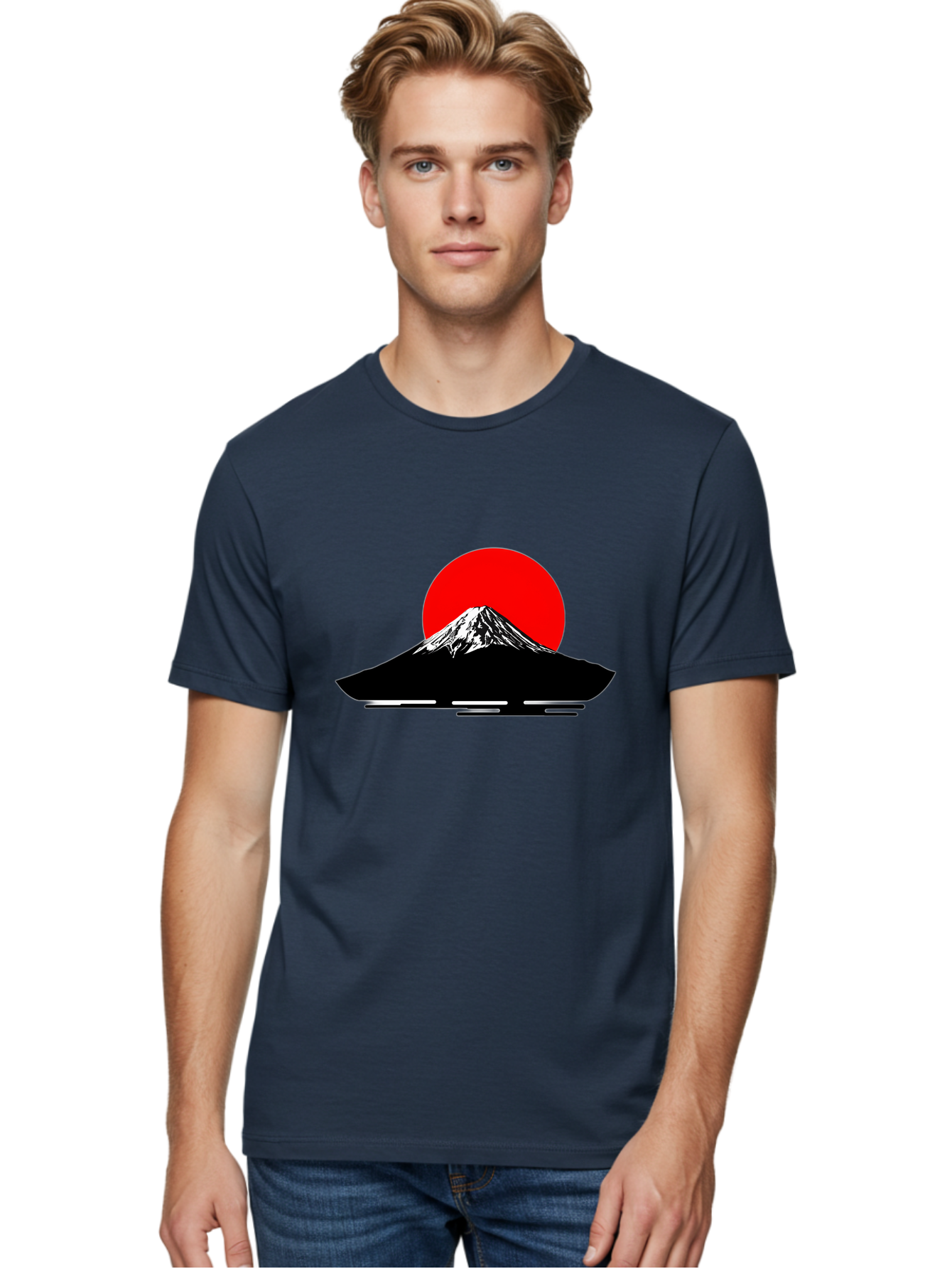 Mount-Fuji Men'S Graphic Tee, 100% Cotton, Comfortable Casual Summer Wear, Machine Washable, Mount Fuji Landscape, Red Sun, Minimalist Design, Iconic Mountain, Japanese Scenery, Striking Silhouette, Simple Shapes, Bold Colors Bad978