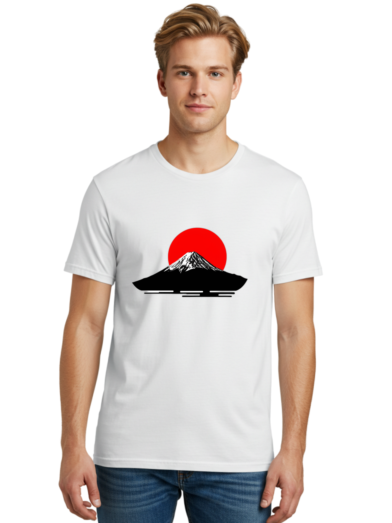 Mount-Fuji Men'S Graphic Tee, 100% Cotton, Comfortable Casual Summer Wear, Machine Washable, Mount Fuji Landscape, Red Sun, Minimalist Design, Iconic Mountain, Japanese Scenery, Striking Silhouette, Simple Shapes, Bold Colors Bad978