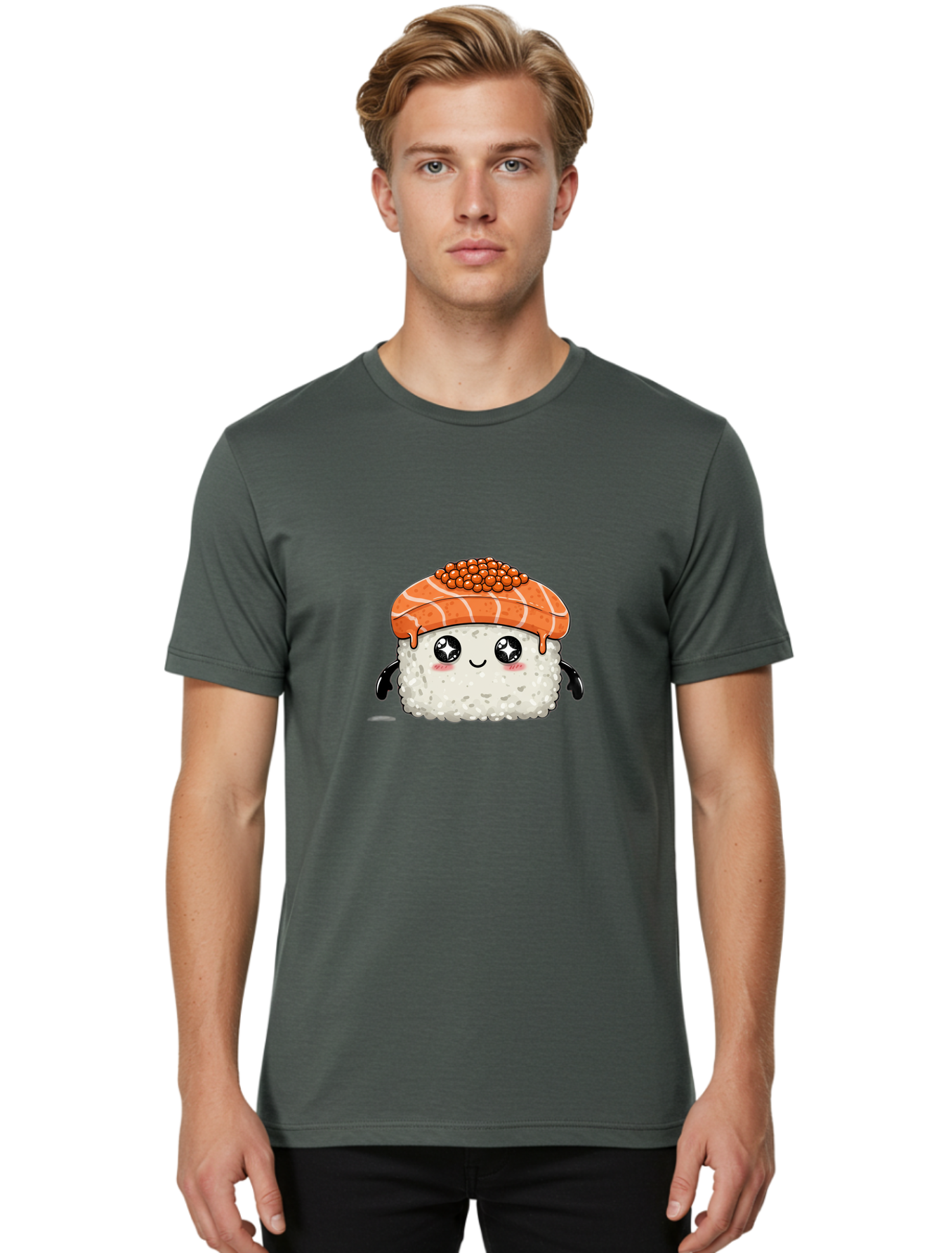 Salmon-Sushi-1 Men'S Graphic Tee, 100% Cotton, Comfortable Casual Summer Wear, Machine Washable, Cartoon Sushi, Sushi Character, Salmon Roe Sushi, Cute Food, Anime Style, Kawaii Food, Sushi Art, Japanese Cuisine, Sushi Illustration, Foodie Art Bad983