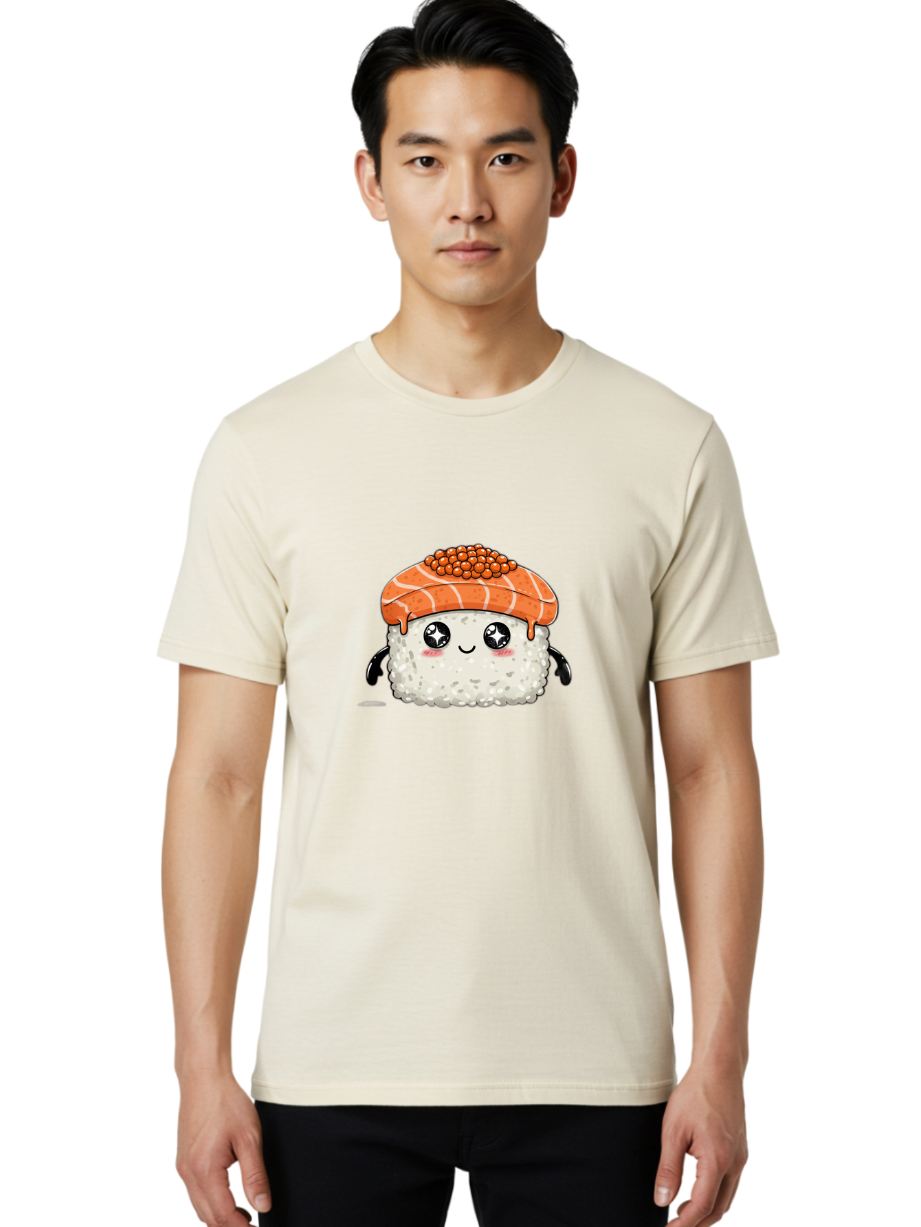 Salmon-Sushi-1 Men'S Graphic Tee, 100% Cotton, Comfortable Casual Summer Wear, Machine Washable, Cartoon Sushi, Sushi Character, Salmon Roe Sushi, Cute Food, Anime Style, Kawaii Food, Sushi Art, Japanese Cuisine, Sushi Illustration, Foodie Art Bad983