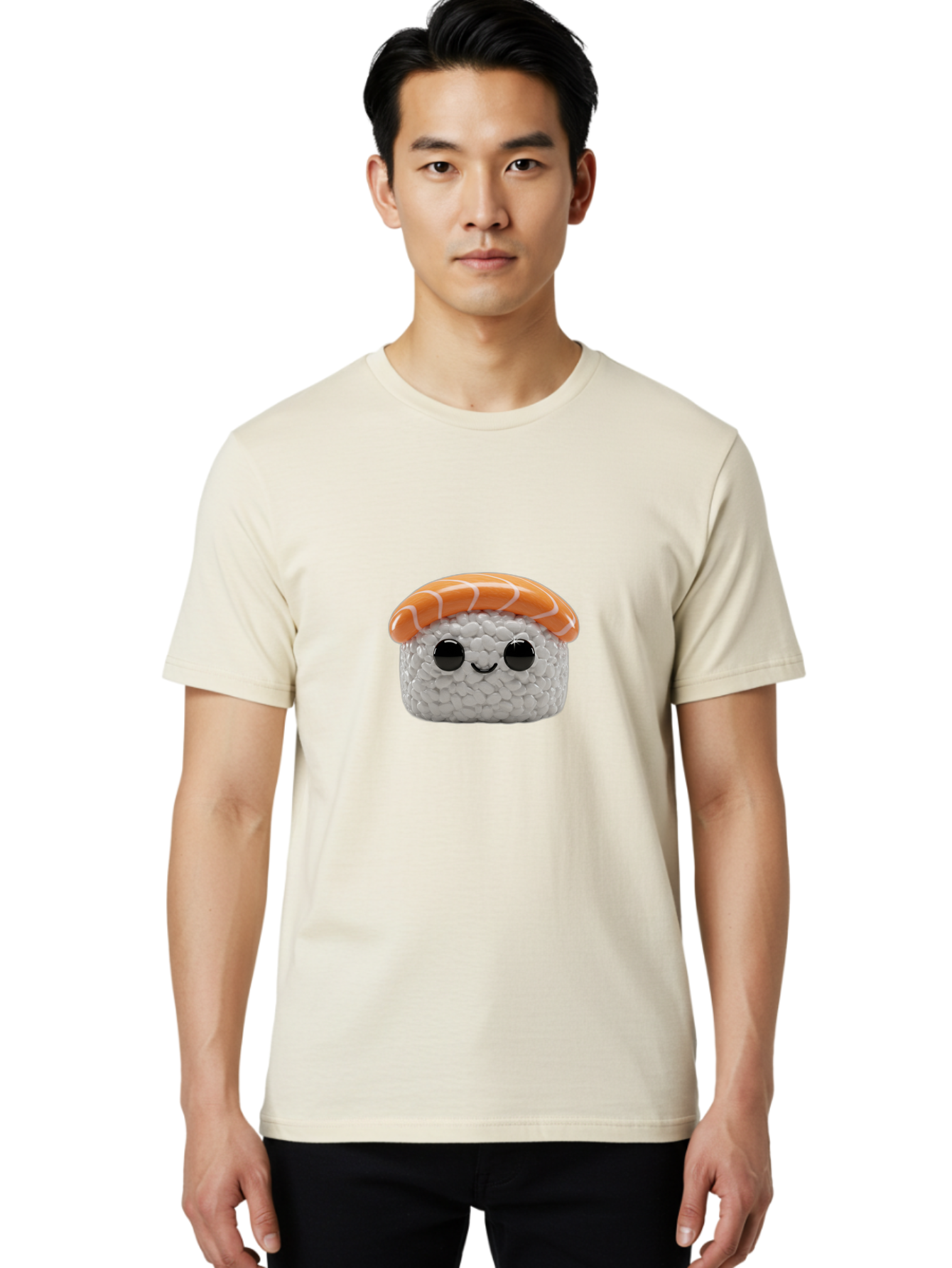 Salmon-Sushi-2 Men'S Graphic Tee, 100% Cotton, Comfortable Casual Summer Wear, Machine Washable, Kawaii Sushi, Cute Cartoon Food, Sushi Character, Japanese Cuisine, Adorable Plush Toy, Smiling Sushi, Orange Salmon Topping, White Rice, Bad984