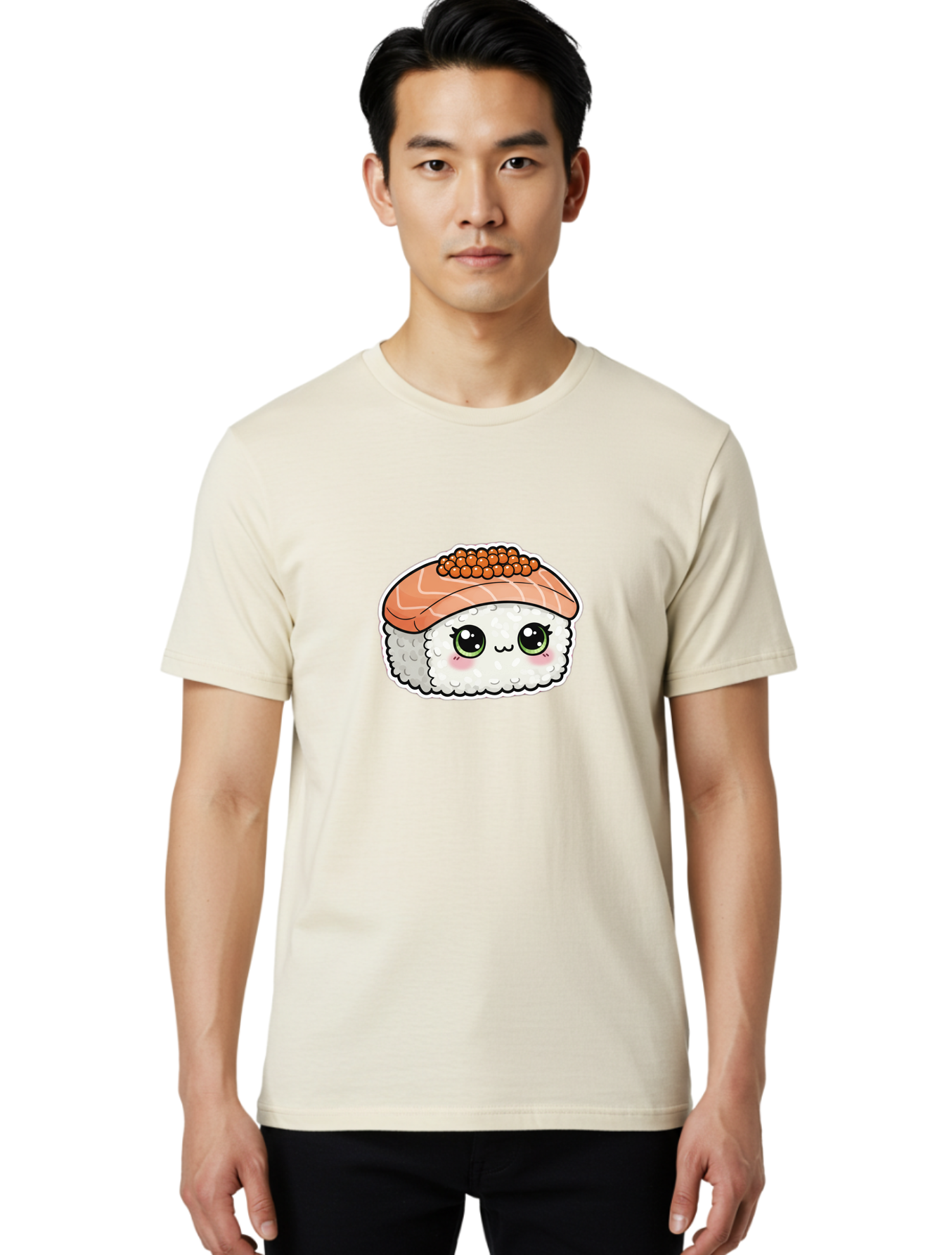Salmon-Sushi-4 Men'S Graphic Tee, 100% Cotton, Comfortable Casual Summer Wear, Machine Washable, Kawaii Sushi, Cartoon Food, Caviar Sushi Roll, Japanese Cuisine, White Rice, Salmon Sashimi, Orange Caviar, Cute Illustration, Kawaii Food, Bad986