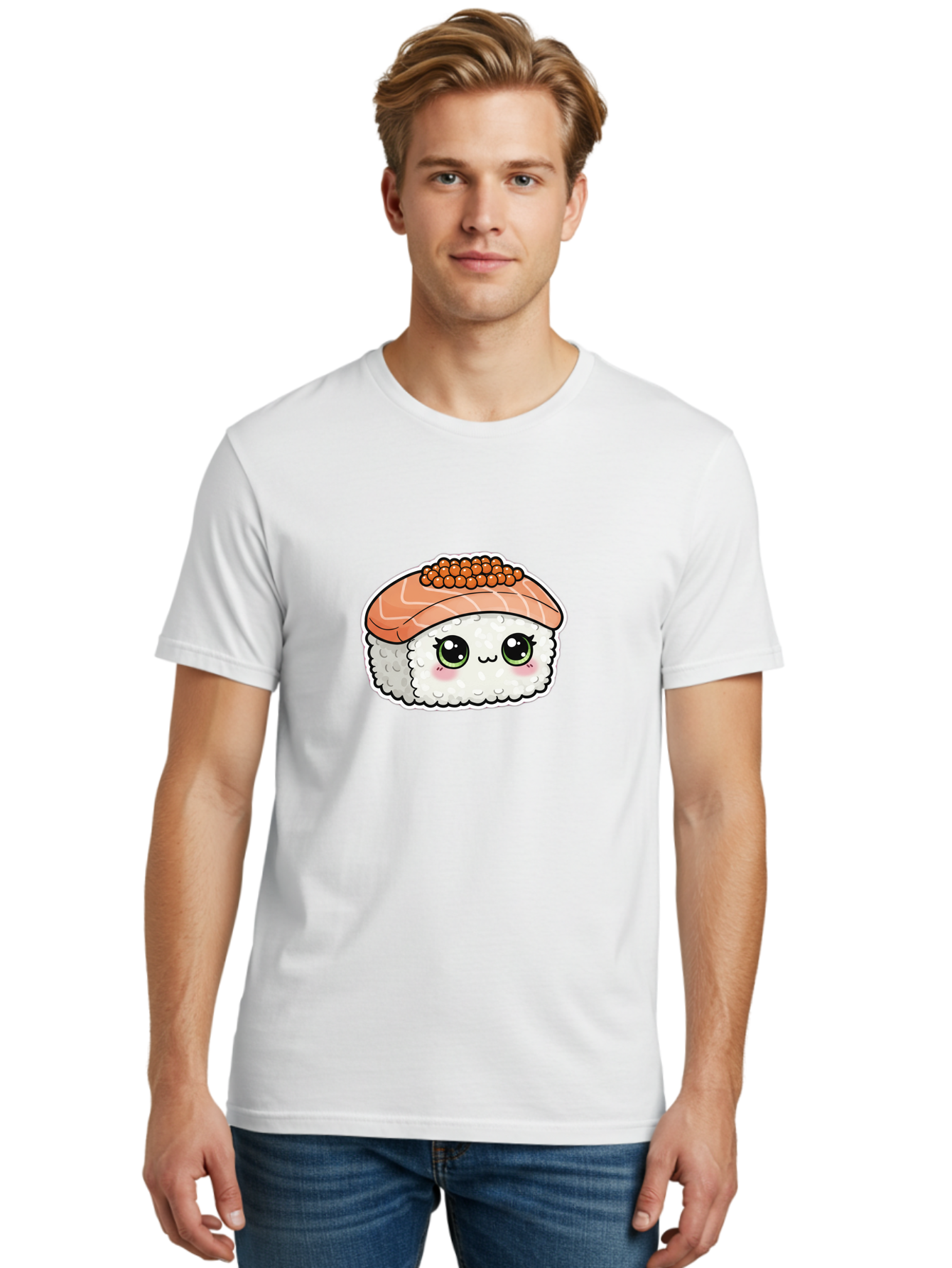 Salmon-Sushi-4 Men'S Graphic Tee, 100% Cotton, Comfortable Casual Summer Wear, Machine Washable, Kawaii Sushi, Cartoon Food, Caviar Sushi Roll, Japanese Cuisine, White Rice, Salmon Sashimi, Orange Caviar, Cute Illustration, Kawaii Food, Bad986