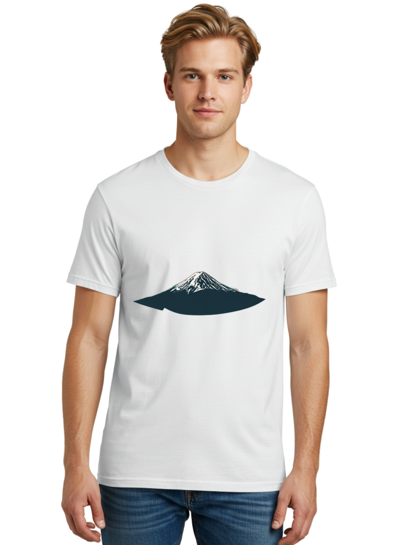 Snowcapped-Mountain Men'S Graphic Tee, 100% Cotton, Comfortable Casual Summer Wear, Machine Washable, Mountain Landscape, Snow-Capped Peak, Serene Atmosphere, Minimalist Design, Dark Silhouette, White Snow, Simple Graphics, Iconic Mountain Bad991