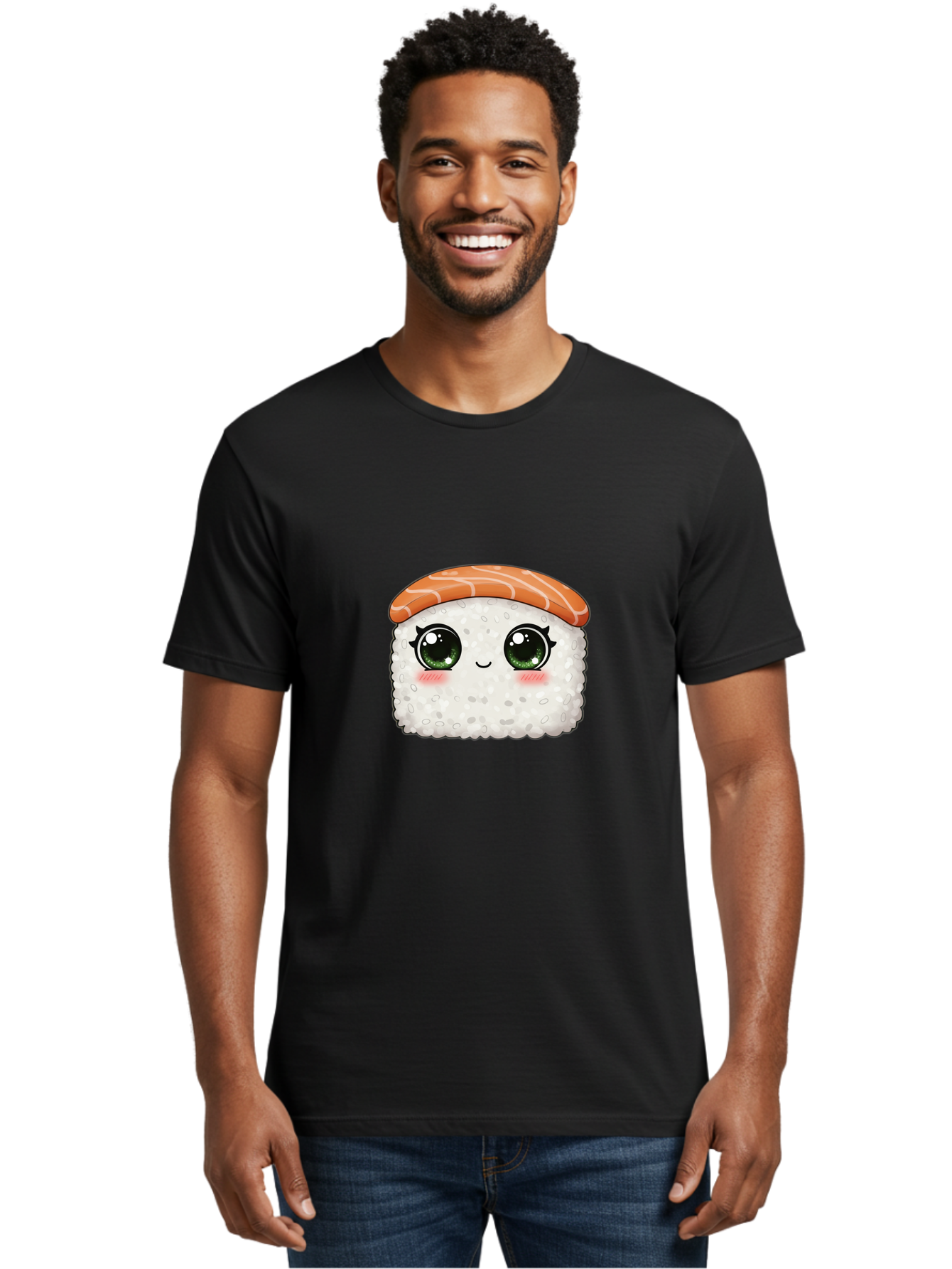 Sushi-Cartoon-Character Men'S Graphic Tee, 100% Cotton, Comfortable Casual Summer Wear, Machine Washable, Cartoon Sushi, Japanese Cuisine, Sushi Roll, Kawaii Food, Adorable Character, Green Eyes, Salmon Topping, White Rice, Cute Expression, Bad994