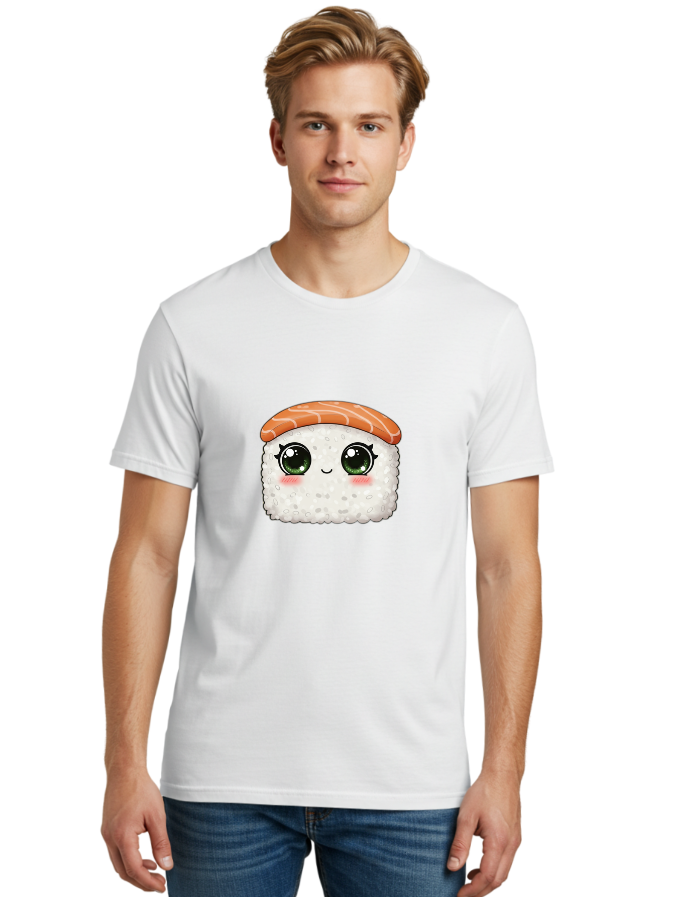 Sushi-Cartoon-Character Men'S Graphic Tee, 100% Cotton, Comfortable Casual Summer Wear, Machine Washable, Cartoon Sushi, Japanese Cuisine, Sushi Roll, Kawaii Food, Adorable Character, Green Eyes, Salmon Topping, White Rice, Cute Expression, Bad994