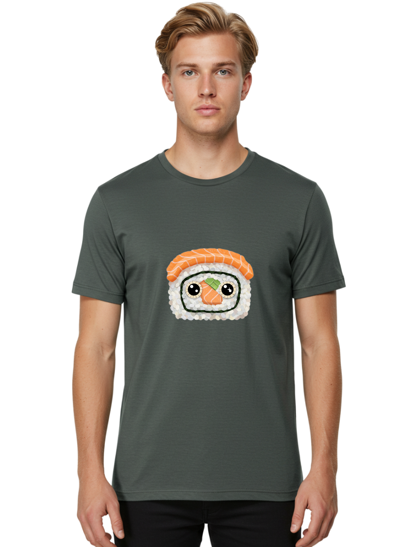 Sushi-Emoji Men'S Graphic Tee, 100% Cotton, Comfortable Casual Summer Wear, Machine Washable, Sushi With Face, Cartoon-Style Food, Kawaii Art, Sushi Roll, Anime-Inspired, Cute Illustration, Playful Design, Foodie Art Bad995
