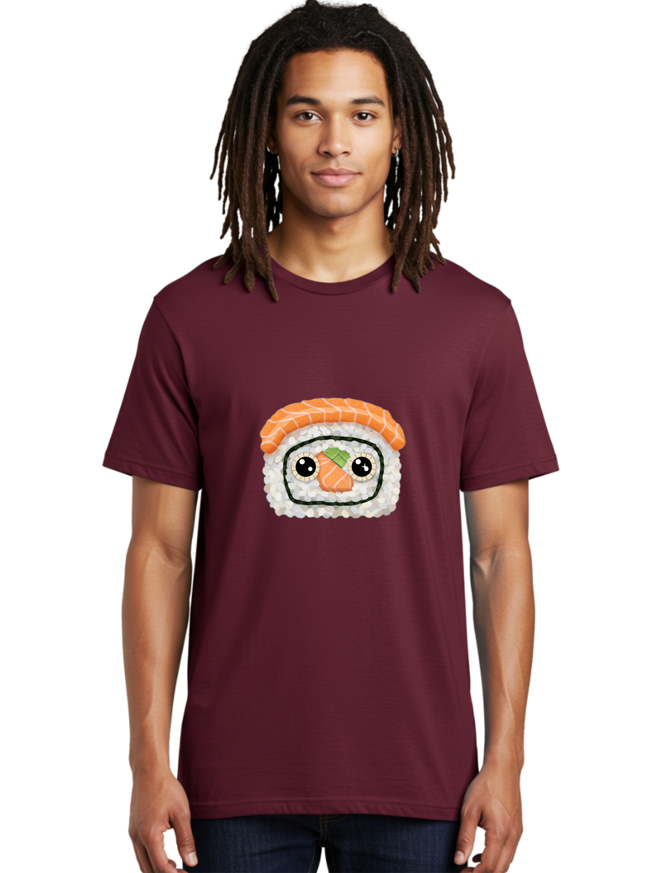 Sushi-Emoji Men'S Graphic Tee, 100% Cotton, Comfortable Casual Summer Wear, Machine Washable, Sushi With Face, Cartoon-Style Food, Kawaii Art, Sushi Roll, Anime-Inspired, Cute Illustration, Playful Design, Foodie Art Bad995