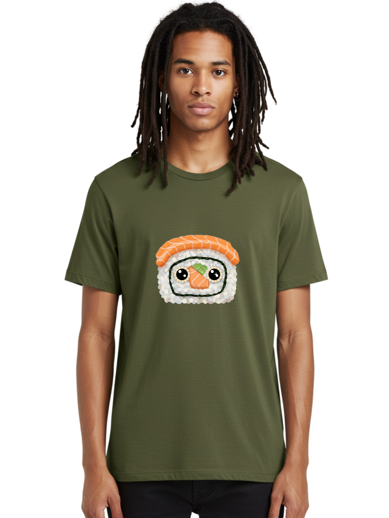 Sushi-Emoji Men'S Graphic Tee, 100% Cotton, Comfortable Casual Summer Wear, Machine Washable, Sushi With Face, Cartoon-Style Food, Kawaii Art, Sushi Roll, Anime-Inspired, Cute Illustration, Playful Design, Foodie Art Bad995
