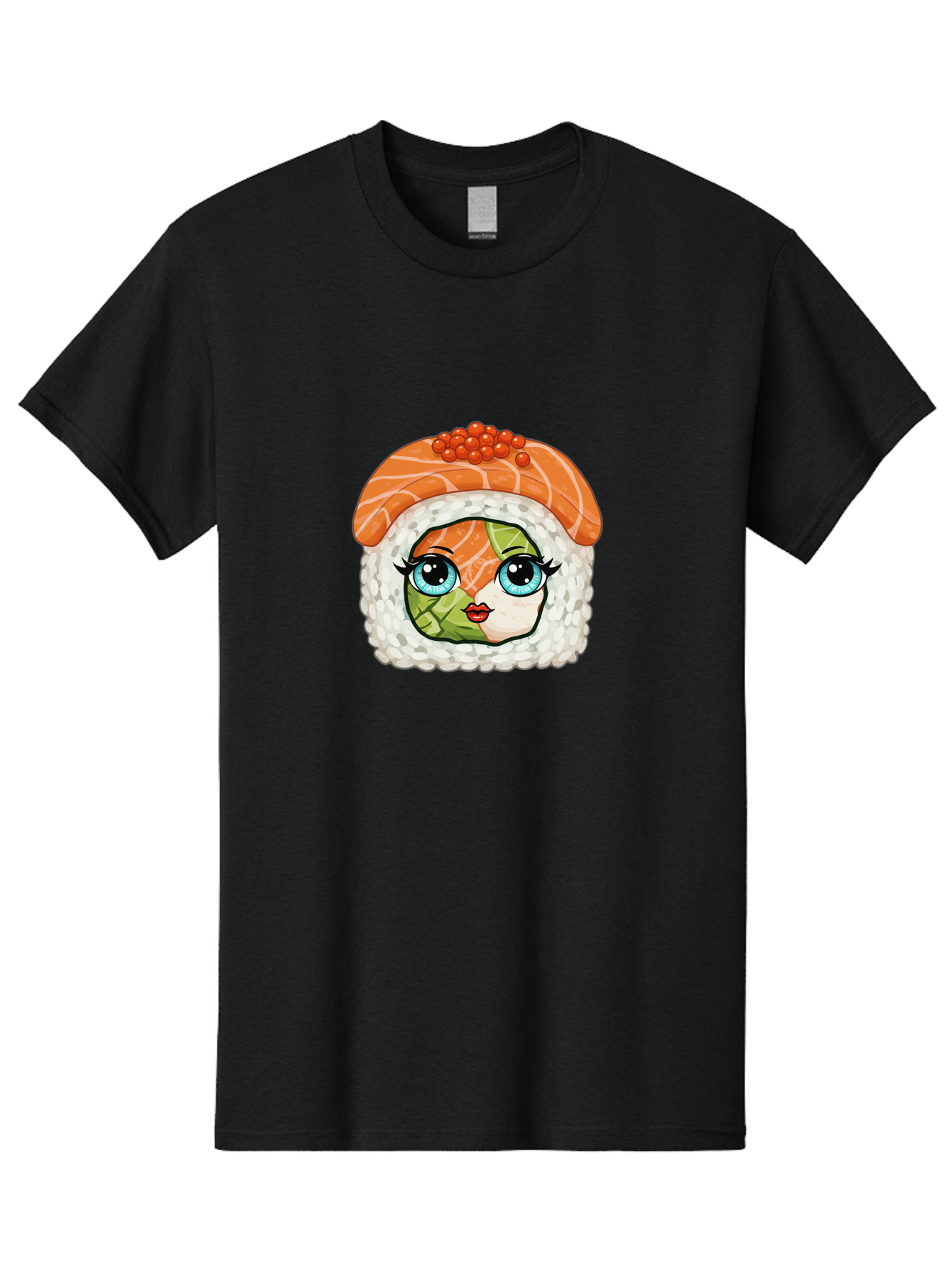 Sushi-Face Men'S Graphic Tee, 100% Cotton, Comfortable Casual Summer Wear, Machine Washable, Kawaii Sushi, Cartoon Sushi Roll, Sushi Art, Food Illustration, Sushi Character, Orange Salmon, Green Filling, Red Caviar, Blue Eyes, Cute Face Bad996