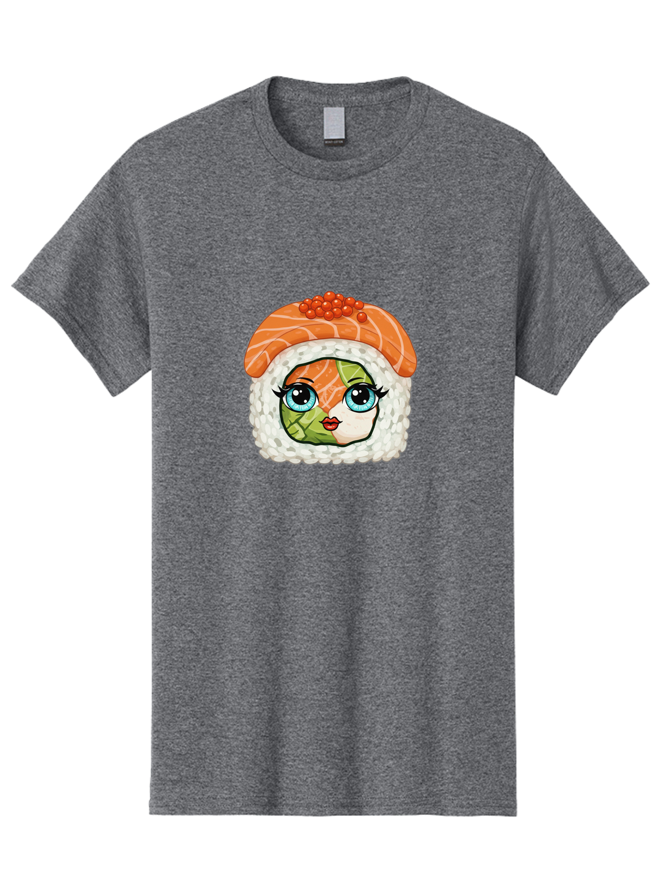 Sushi-Face Men'S Graphic Tee, 100% Cotton, Comfortable Casual Summer Wear, Machine Washable, Kawaii Sushi, Cartoon Sushi Roll, Sushi Art, Food Illustration, Sushi Character, Orange Salmon, Green Filling, Red Caviar, Blue Eyes, Cute Face Bad996