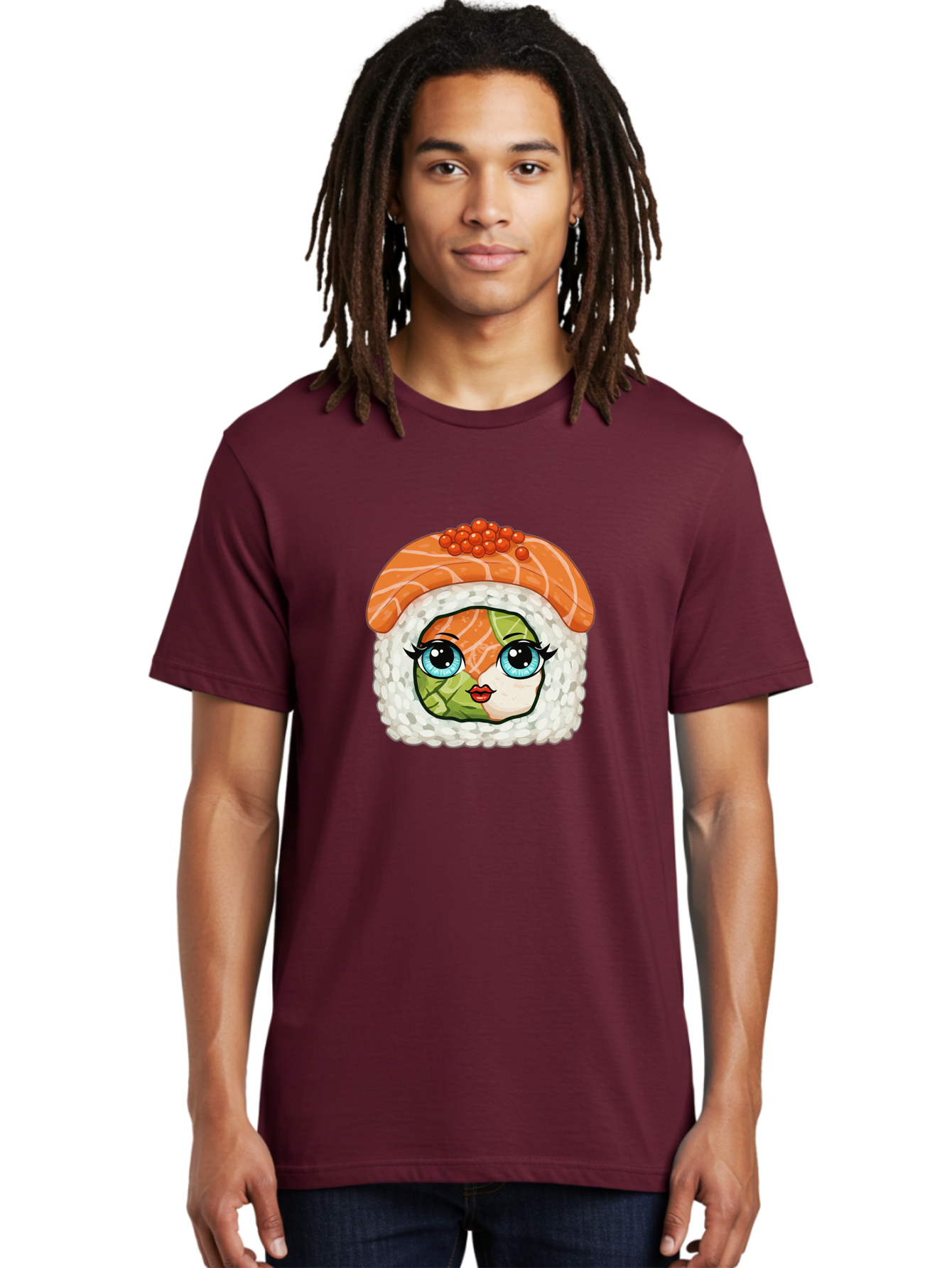 Sushi-Face Men'S Graphic Tee, 100% Cotton, Comfortable Casual Summer Wear, Machine Washable, Kawaii Sushi, Cartoon Sushi Roll, Sushi Art, Food Illustration, Sushi Character, Orange Salmon, Green Filling, Red Caviar, Blue Eyes, Cute Face Bad996