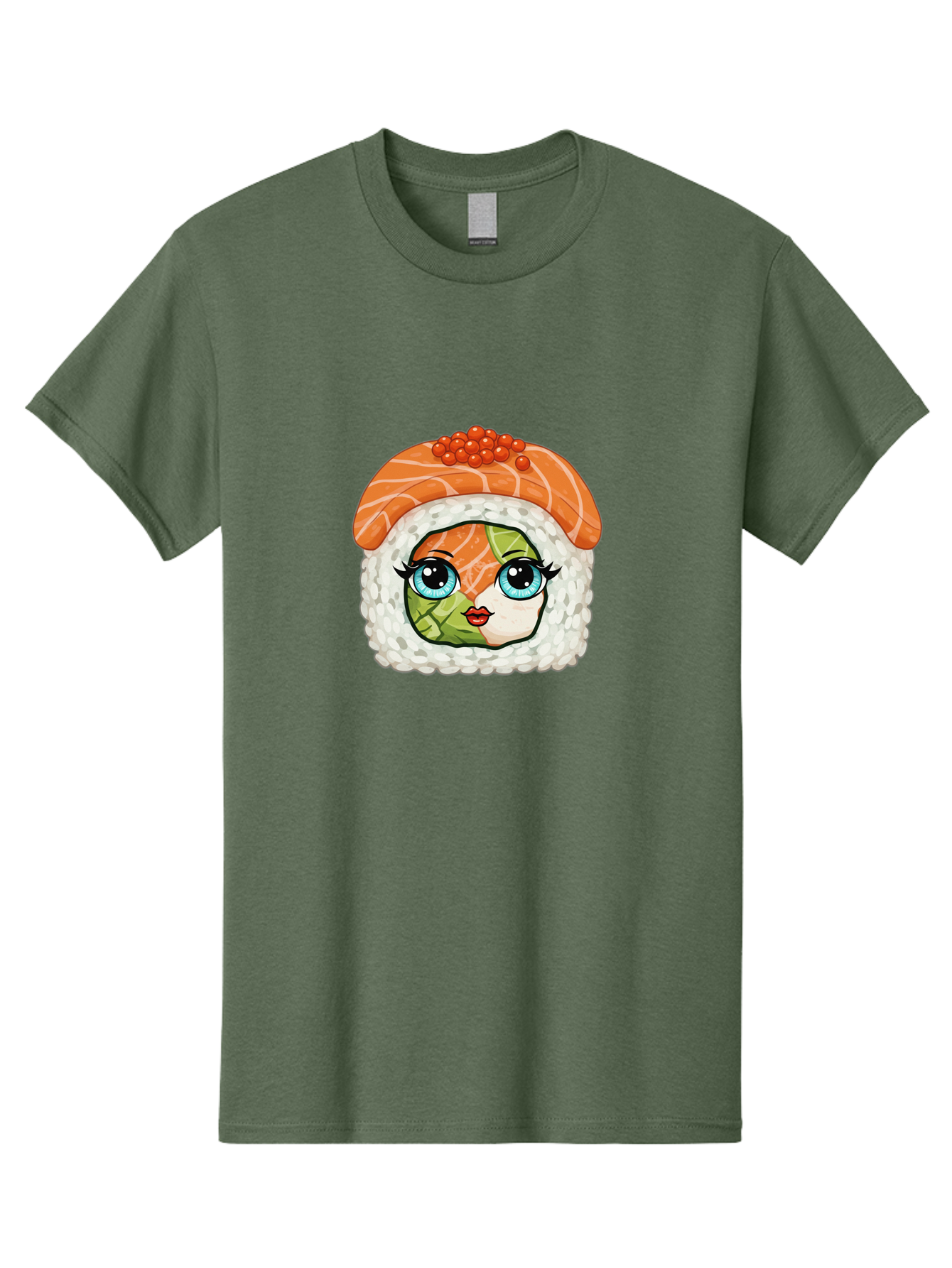 Sushi-Face Men'S Graphic Tee, 100% Cotton, Comfortable Casual Summer Wear, Machine Washable, Kawaii Sushi, Cartoon Sushi Roll, Sushi Art, Food Illustration, Sushi Character, Orange Salmon, Green Filling, Red Caviar, Blue Eyes, Cute Face Bad996