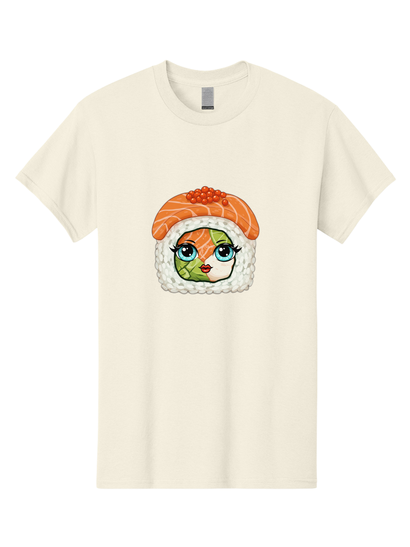 Sushi-Face Men'S Graphic Tee, 100% Cotton, Comfortable Casual Summer Wear, Machine Washable, Kawaii Sushi, Cartoon Sushi Roll, Sushi Art, Food Illustration, Sushi Character, Orange Salmon, Green Filling, Red Caviar, Blue Eyes, Cute Face Bad996
