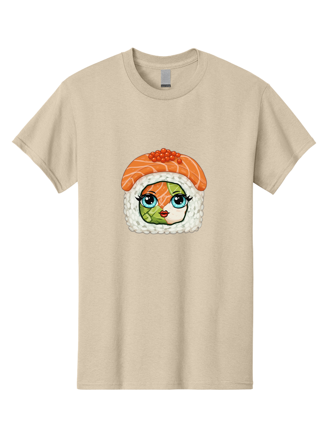 Sushi-Face Men'S Graphic Tee, 100% Cotton, Comfortable Casual Summer Wear, Machine Washable, Kawaii Sushi, Cartoon Sushi Roll, Sushi Art, Food Illustration, Sushi Character, Orange Salmon, Green Filling, Red Caviar, Blue Eyes, Cute Face Bad996