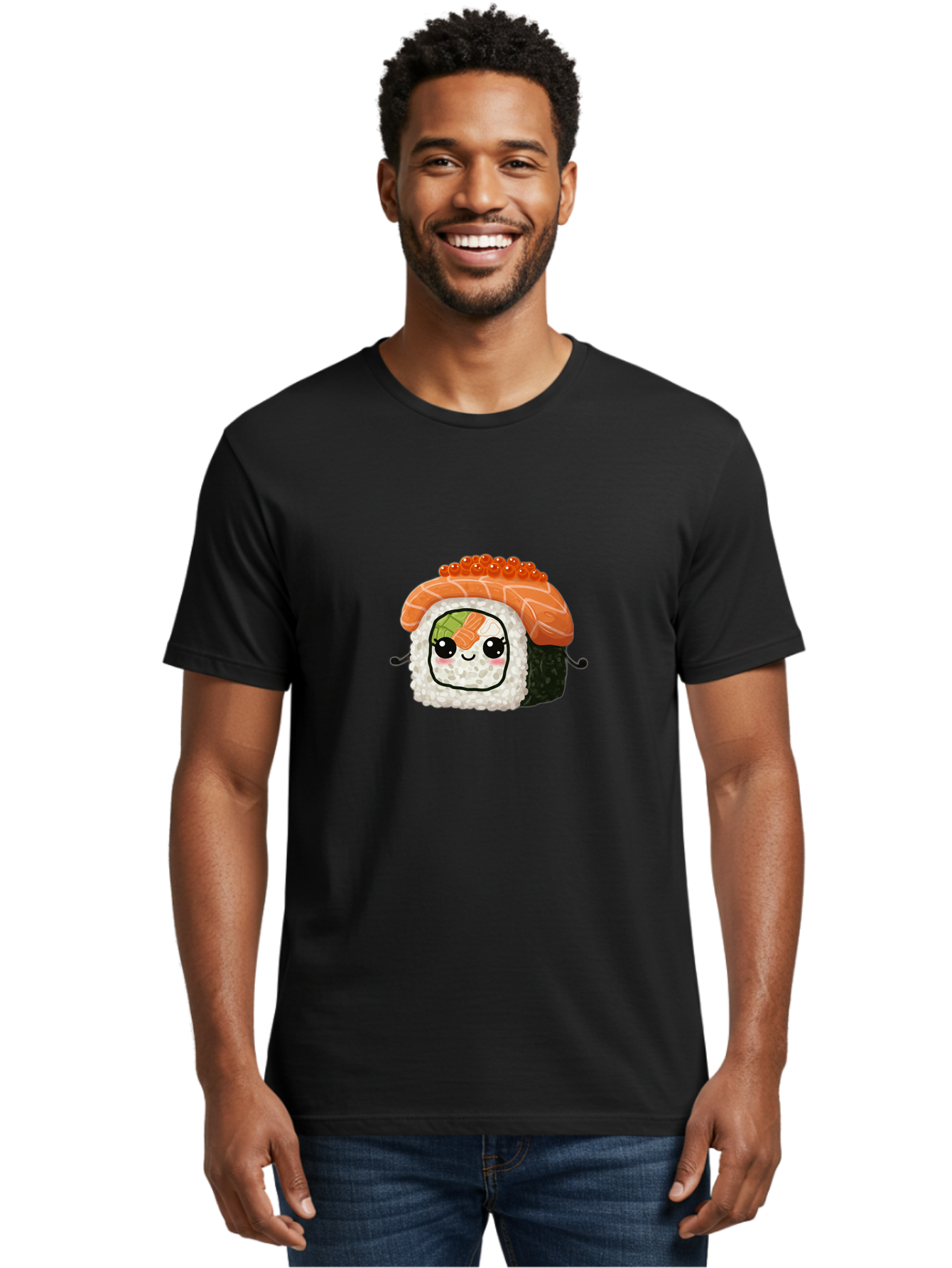 Sushi-Roll Men'S Graphic Tee, 100% Cotton, Comfortable Casual Summer Wear, Machine Washable, Kawaii Sushi Roll, Cartoon Sushi, Adorable Food, Sushi Character, Cute Anime Art, Foodie Illustrations, Mignardise, Orange Salmon, Sushi Love Bad999