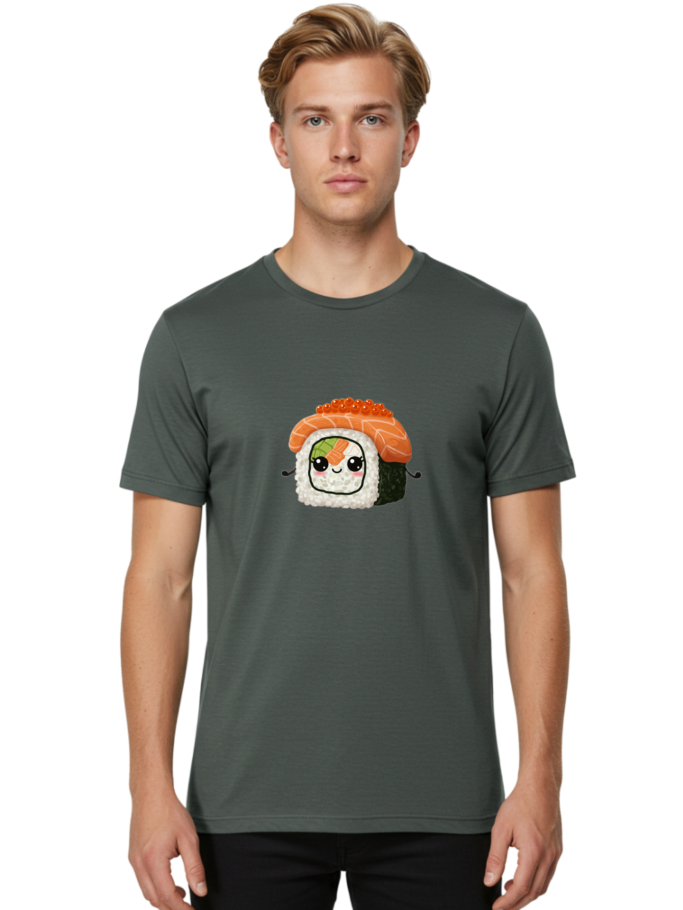 Sushi-Roll Men'S Graphic Tee, 100% Cotton, Comfortable Casual Summer Wear, Machine Washable, Kawaii Sushi Roll, Cartoon Sushi, Adorable Food, Sushi Character, Cute Anime Art, Foodie Illustrations, Mignardise, Orange Salmon, Sushi Love Bad999