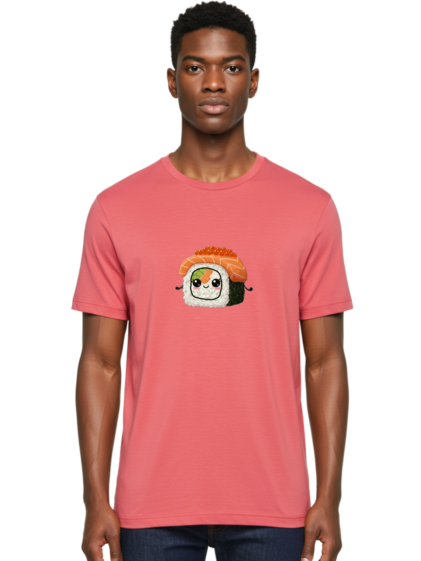 Sushi-Roll Men'S Graphic Tee, 100% Cotton, Comfortable Casual Summer Wear, Machine Washable, Kawaii Sushi Roll, Cartoon Sushi, Adorable Food, Sushi Character, Cute Anime Art, Foodie Illustrations, Mignardise, Orange Salmon, Sushi Love Bad999