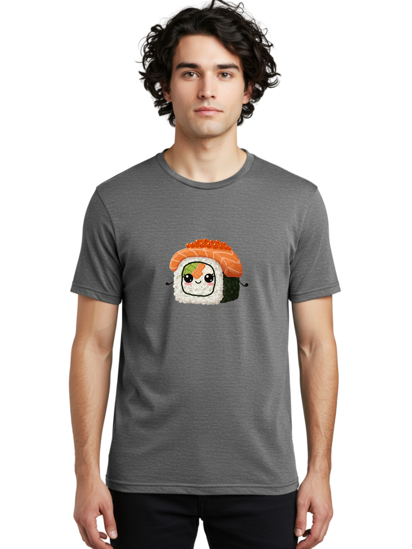 Sushi-Roll Men'S Graphic Tee, 100% Cotton, Comfortable Casual Summer Wear, Machine Washable, Kawaii Sushi Roll, Cartoon Sushi, Adorable Food, Sushi Character, Cute Anime Art, Foodie Illustrations, Mignardise, Orange Salmon, Sushi Love Bad999