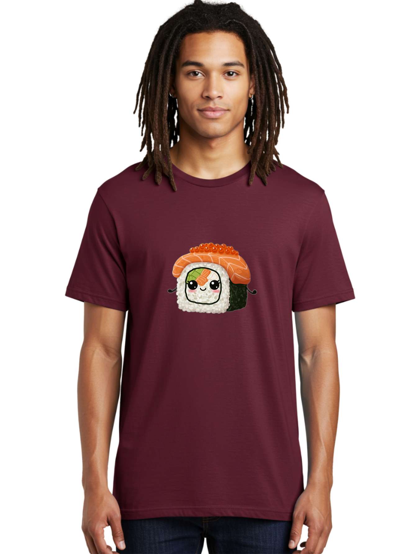Sushi-Roll Men'S Graphic Tee, 100% Cotton, Comfortable Casual Summer Wear, Machine Washable, Kawaii Sushi Roll, Cartoon Sushi, Adorable Food, Sushi Character, Cute Anime Art, Foodie Illustrations, Mignardise, Orange Salmon, Sushi Love Bad999