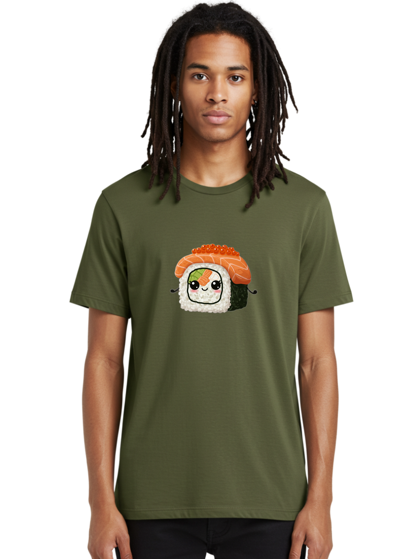 Sushi-Roll Men'S Graphic Tee, 100% Cotton, Comfortable Casual Summer Wear, Machine Washable, Kawaii Sushi Roll, Cartoon Sushi, Adorable Food, Sushi Character, Cute Anime Art, Foodie Illustrations, Mignardise, Orange Salmon, Sushi Love Bad999
