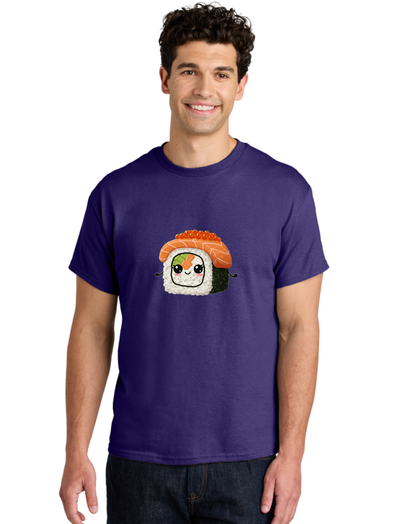 Sushi-Roll Men'S Graphic Tee, 100% Cotton, Comfortable Casual Summer Wear, Machine Washable, Kawaii Sushi Roll, Cartoon Sushi, Adorable Food, Sushi Character, Cute Anime Art, Foodie Illustrations, Mignardise, Orange Salmon, Sushi Love Bad999