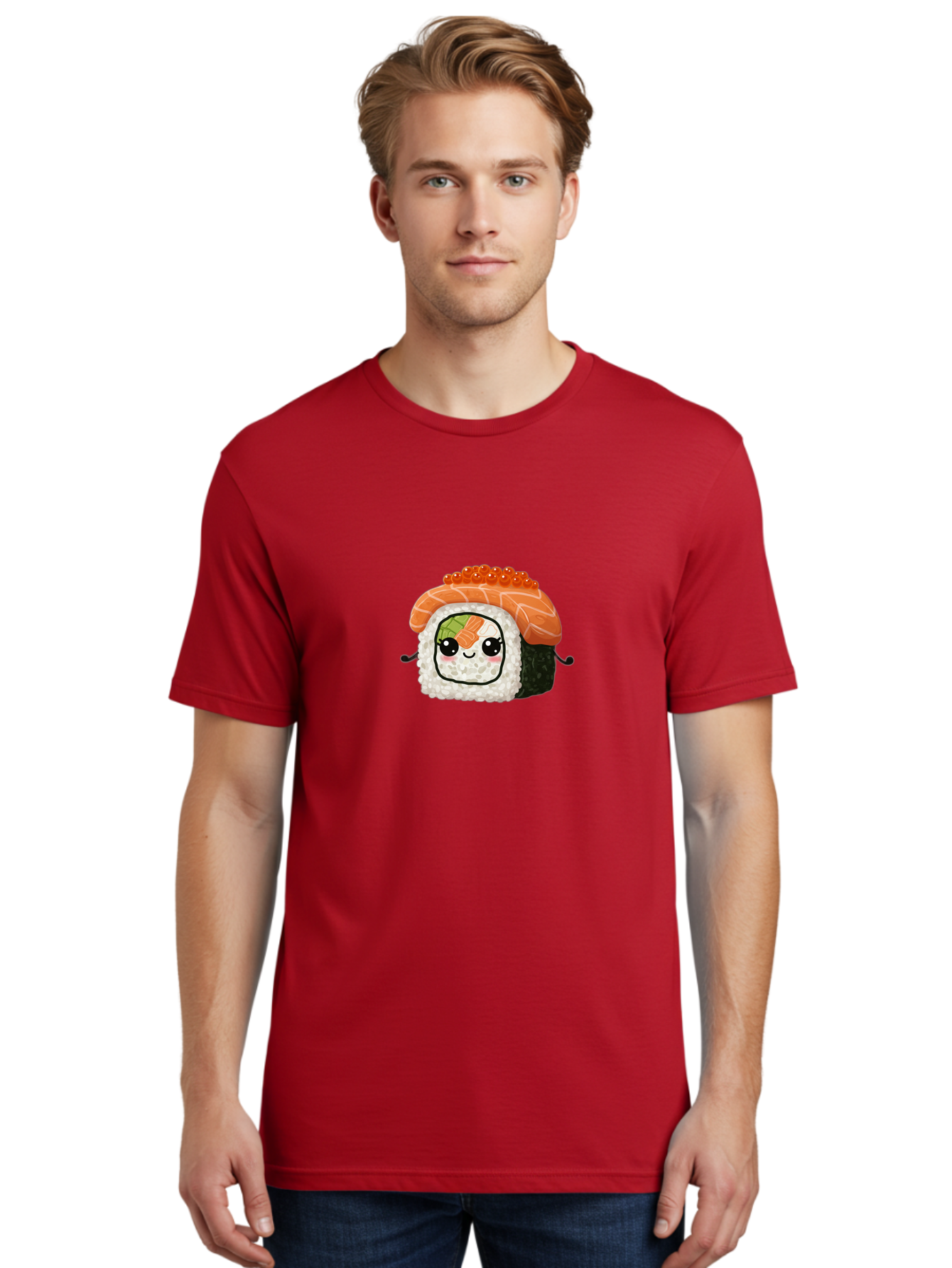 Sushi-Roll Men'S Graphic Tee, 100% Cotton, Comfortable Casual Summer Wear, Machine Washable, Kawaii Sushi Roll, Cartoon Sushi, Adorable Food, Sushi Character, Cute Anime Art, Foodie Illustrations, Mignardise, Orange Salmon, Sushi Love Bad999