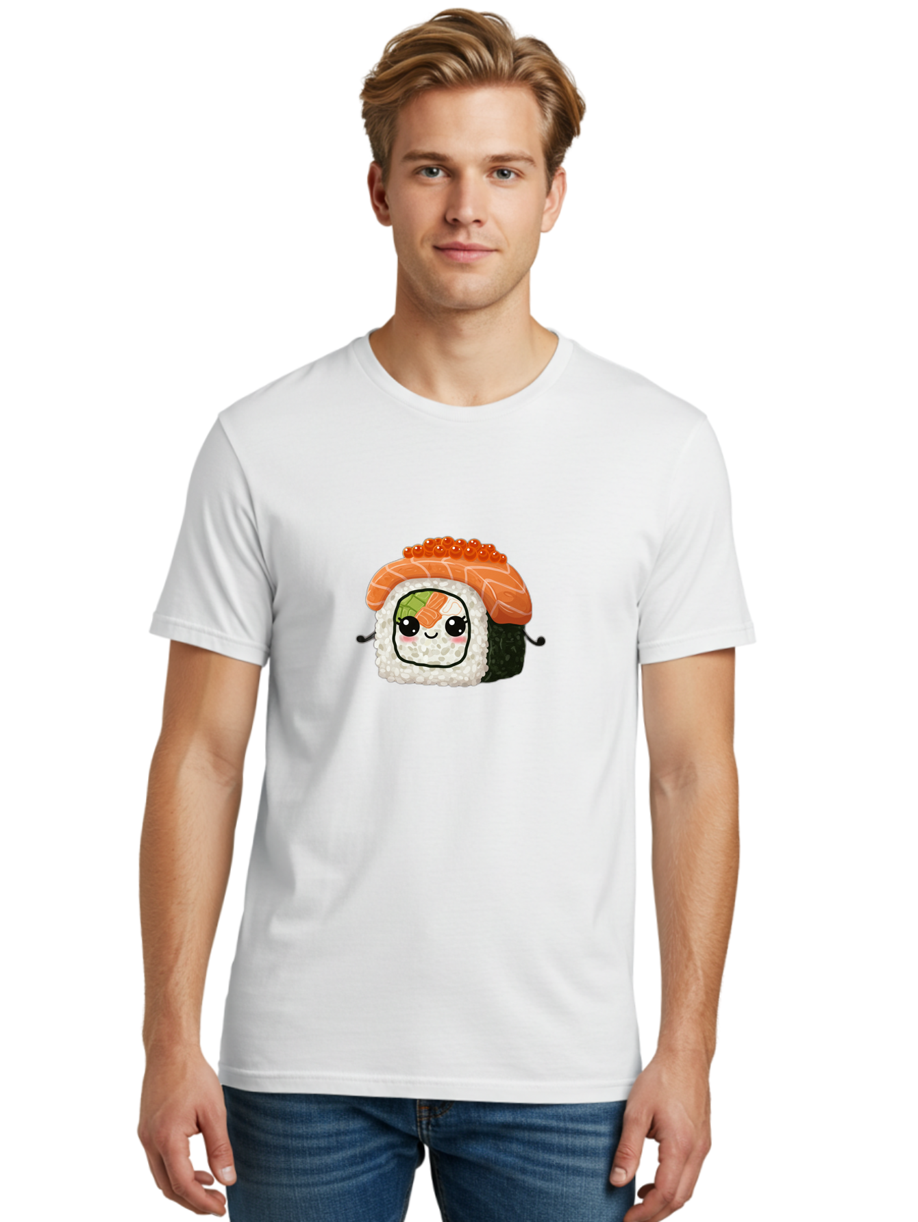 Sushi-Roll Men'S Graphic Tee, 100% Cotton, Comfortable Casual Summer Wear, Machine Washable, Kawaii Sushi Roll, Cartoon Sushi, Adorable Food, Sushi Character, Cute Anime Art, Foodie Illustrations, Mignardise, Orange Salmon, Sushi Love Bad999