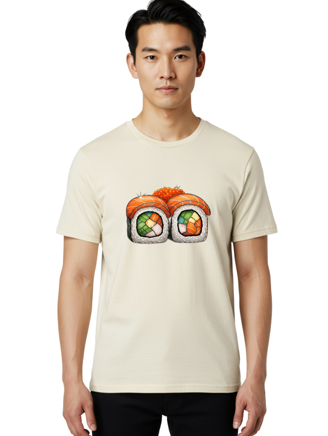 Sushi-Rolls Men'S Graphic Tee, 100% Cotton, Comfortable Casual Summer Wear, Machine Washable, Sushi Rolls, Salmon Sushi, Japanese Cuisine, Raw Fish, Sushi Art, Vibrant Colors, Food Illustration, Colorful Sushi, Sushi Rolls With Caviar Bae000