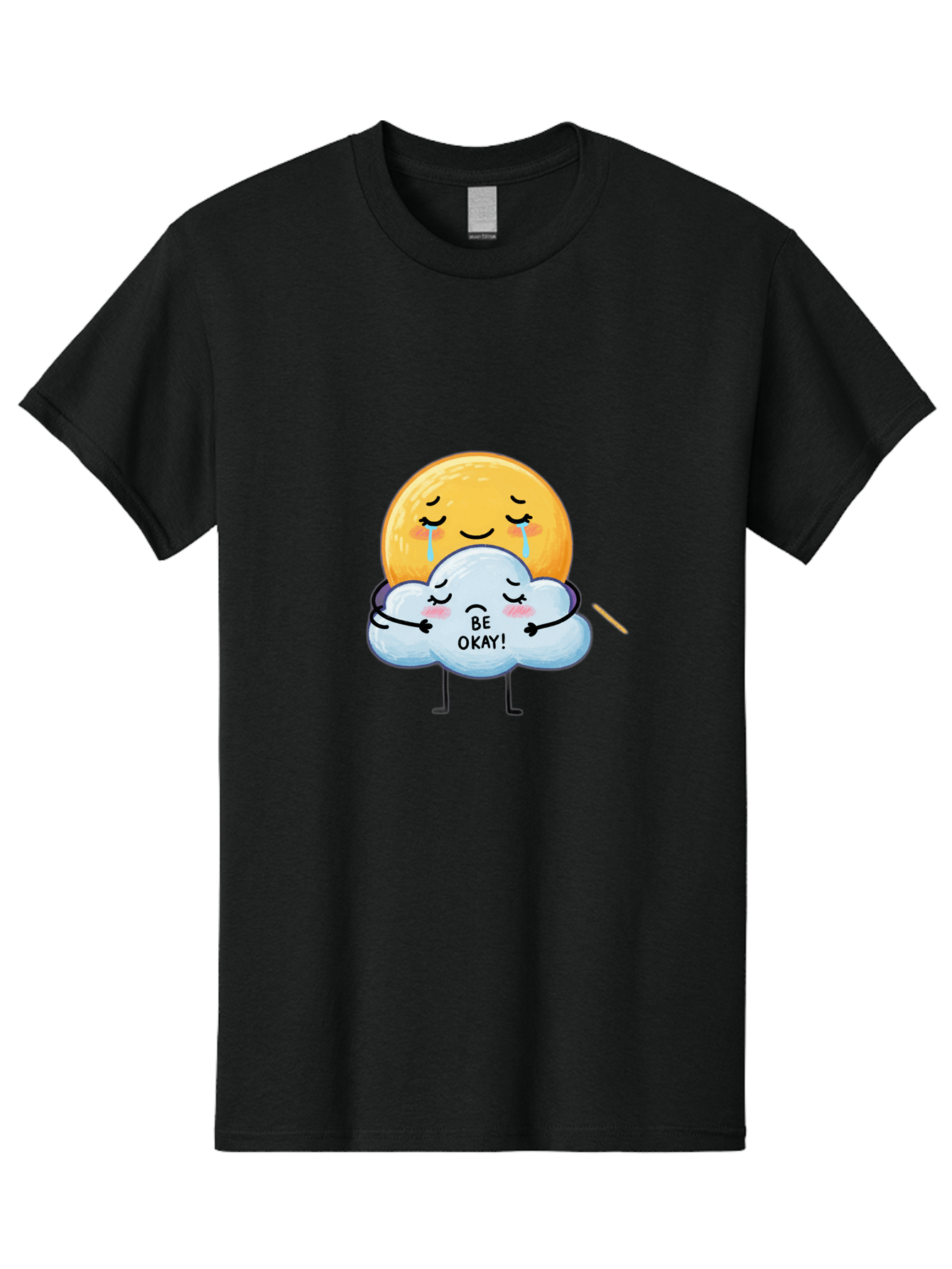 Be-Okay Men'S Graphic Tee, 100% Cotton, Comfortable Casual Summer Wear, Machine Washable, Crying Sun, Cloud Hugging Sun, Emotional Support, Comforting Words, Positive Affirmation, Mental Health Awareness, Cute Cartoon Characters, Bae002