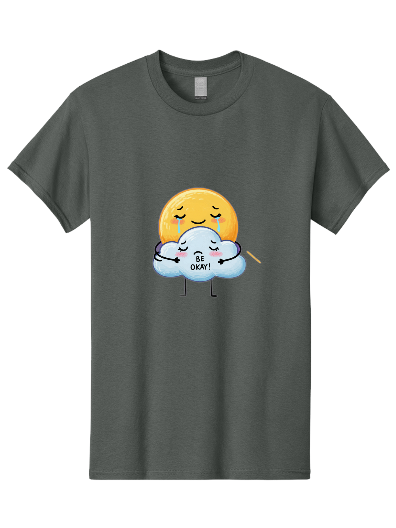 Be-Okay Men'S Graphic Tee, 100% Cotton, Comfortable Casual Summer Wear, Machine Washable, Crying Sun, Cloud Hugging Sun, Emotional Support, Comforting Words, Positive Affirmation, Mental Health Awareness, Cute Cartoon Characters, Bae002