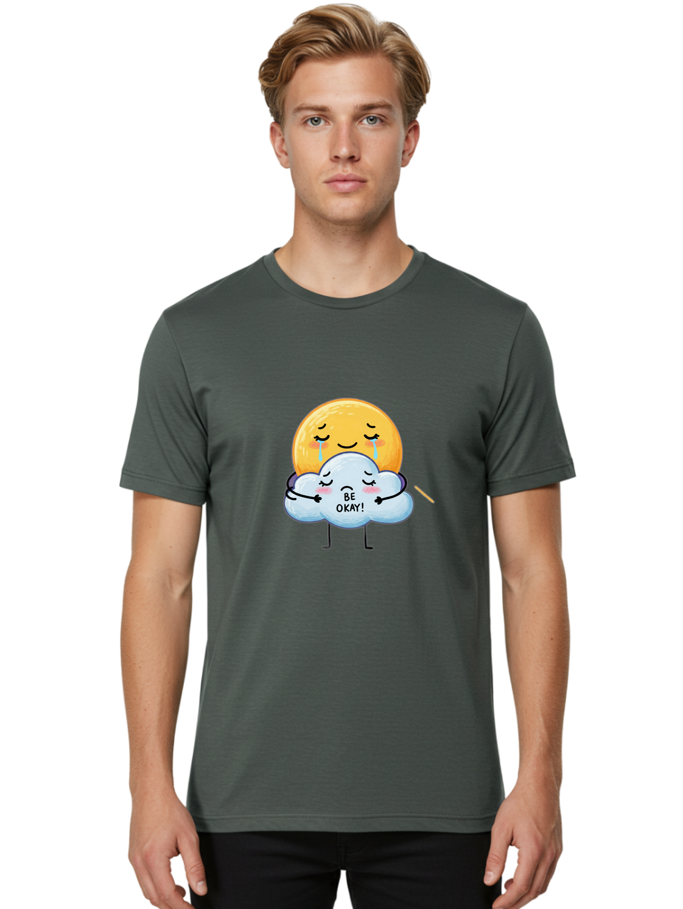 Be-Okay Men'S Graphic Tee, 100% Cotton, Comfortable Casual Summer Wear, Machine Washable, Crying Sun, Cloud Hugging Sun, Emotional Support, Comforting Words, Positive Affirmation, Mental Health Awareness, Cute Cartoon Characters, Bae002