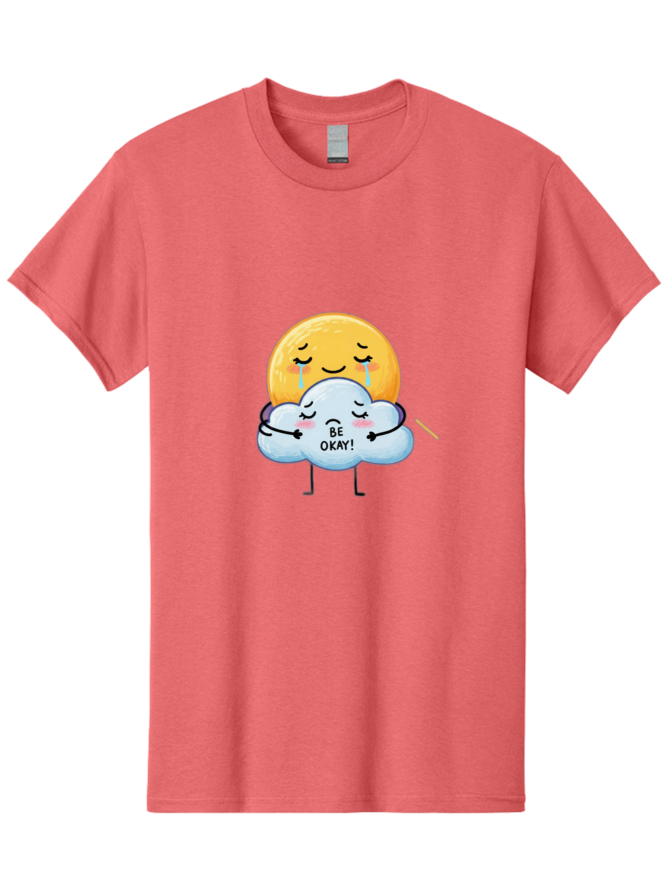 Be-Okay Men'S Graphic Tee, 100% Cotton, Comfortable Casual Summer Wear, Machine Washable, Crying Sun, Cloud Hugging Sun, Emotional Support, Comforting Words, Positive Affirmation, Mental Health Awareness, Cute Cartoon Characters, Bae002