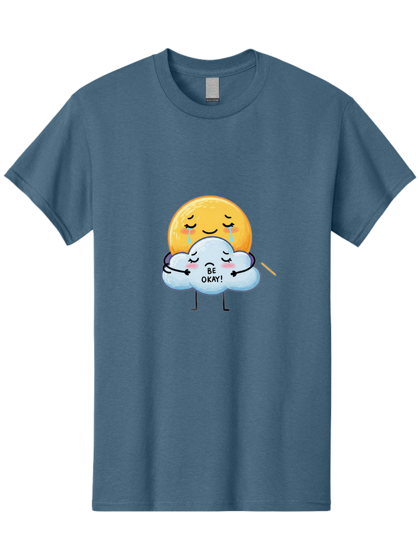 Be-Okay Men'S Graphic Tee, 100% Cotton, Comfortable Casual Summer Wear, Machine Washable, Crying Sun, Cloud Hugging Sun, Emotional Support, Comforting Words, Positive Affirmation, Mental Health Awareness, Cute Cartoon Characters, Bae002
