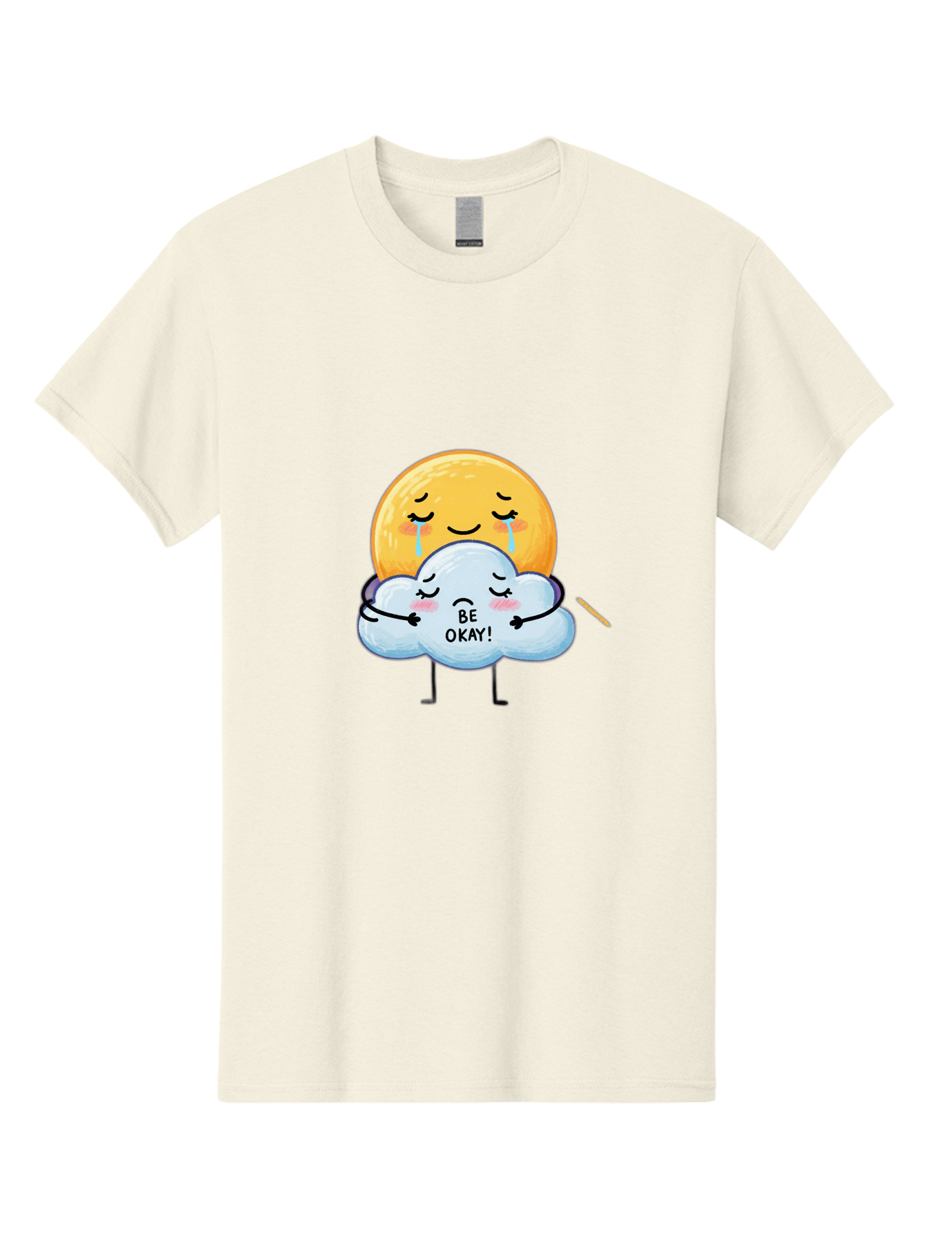 Be-Okay Men'S Graphic Tee, 100% Cotton, Comfortable Casual Summer Wear, Machine Washable, Crying Sun, Cloud Hugging Sun, Emotional Support, Comforting Words, Positive Affirmation, Mental Health Awareness, Cute Cartoon Characters, Bae002