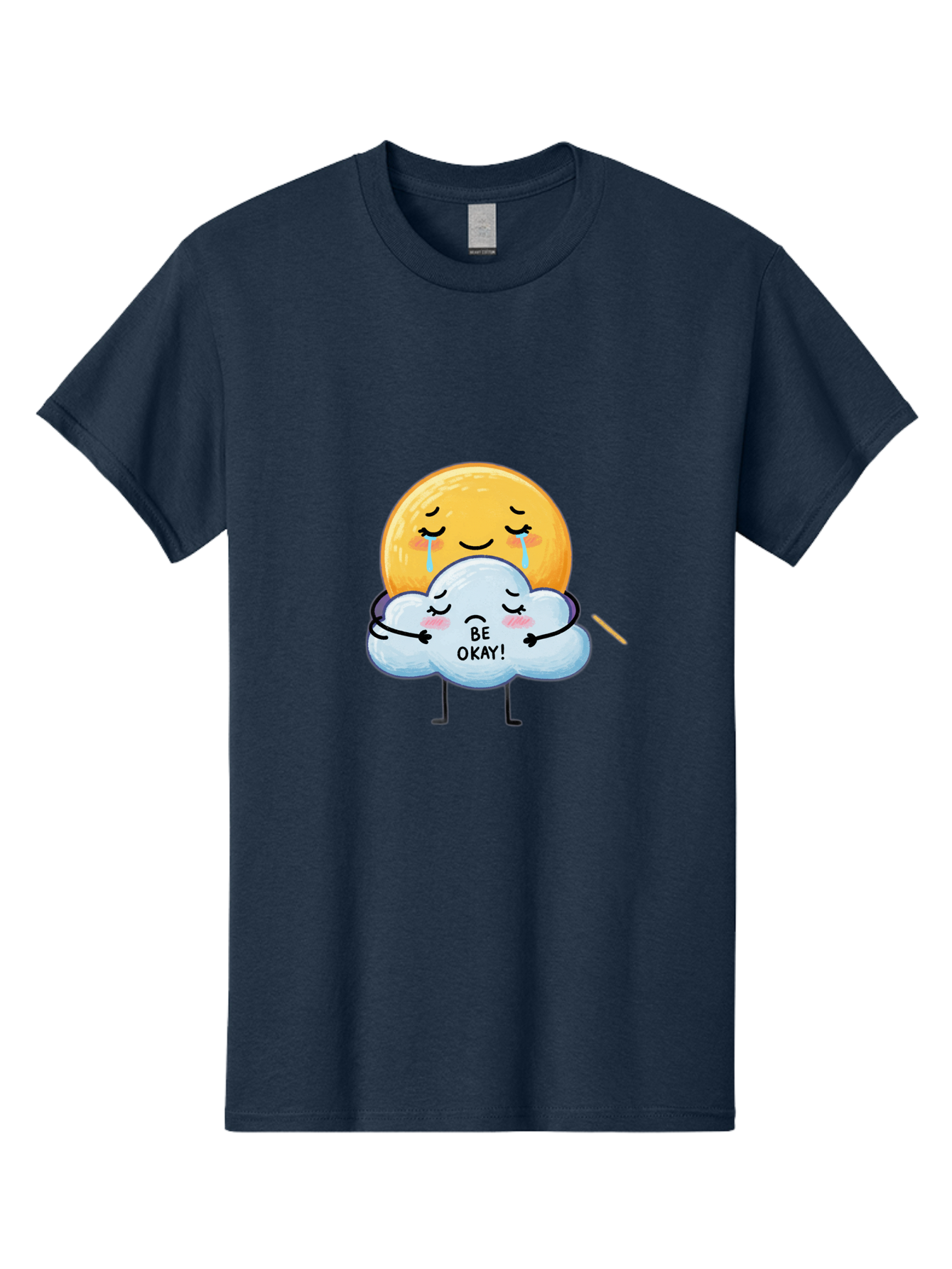 Be-Okay Men'S Graphic Tee, 100% Cotton, Comfortable Casual Summer Wear, Machine Washable, Crying Sun, Cloud Hugging Sun, Emotional Support, Comforting Words, Positive Affirmation, Mental Health Awareness, Cute Cartoon Characters, Bae002