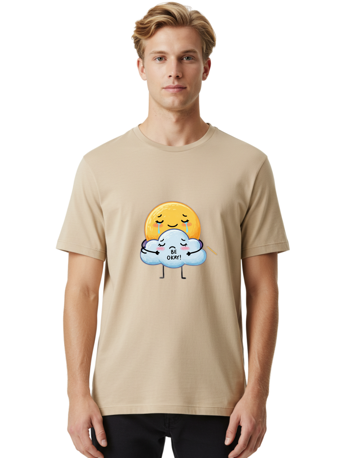 Be-Okay Men'S Graphic Tee, 100% Cotton, Comfortable Casual Summer Wear, Machine Washable, Crying Sun, Cloud Hugging Sun, Emotional Support, Comforting Words, Positive Affirmation, Mental Health Awareness, Cute Cartoon Characters, Bae002