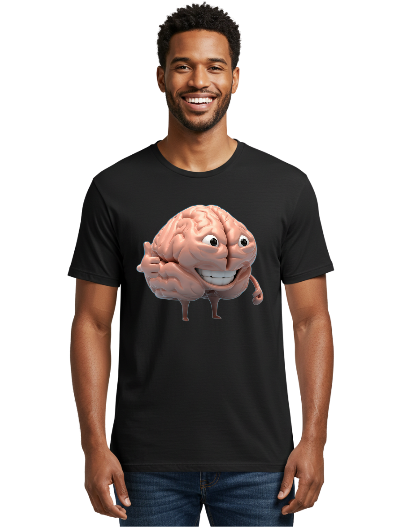 Brain-Character Men'S Graphic Tee, 100% Cotton, Comfortable Casual Summer Wear, Machine Washable, Human Brain, Cartoon Character, Thumbs Up, Smiling Face, Cognitive Function, Intelligence, Learning, Mental Power, Brain Power Bae003