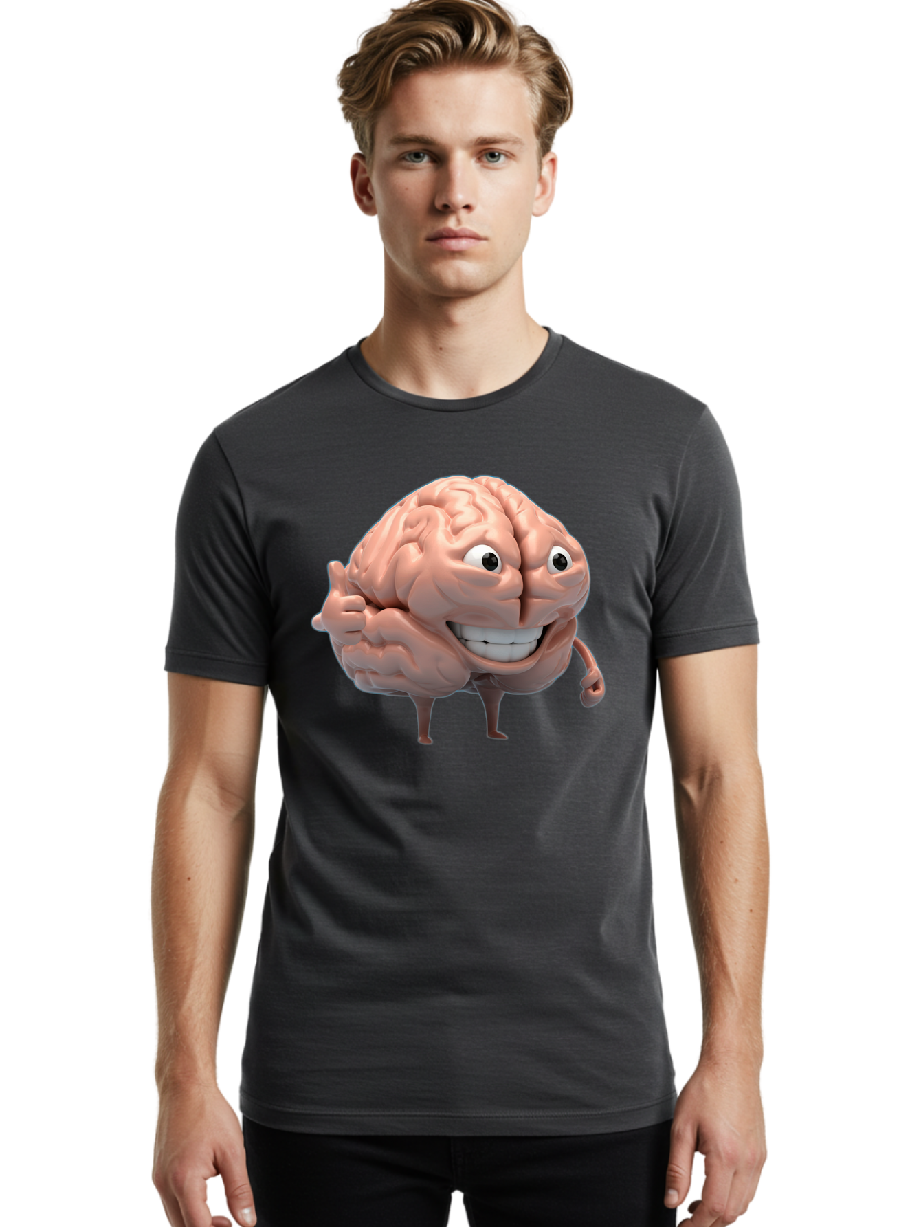 Brain-Character Men'S Graphic Tee, 100% Cotton, Comfortable Casual Summer Wear, Machine Washable, Human Brain, Cartoon Character, Thumbs Up, Smiling Face, Cognitive Function, Intelligence, Learning, Mental Power, Brain Power Bae003