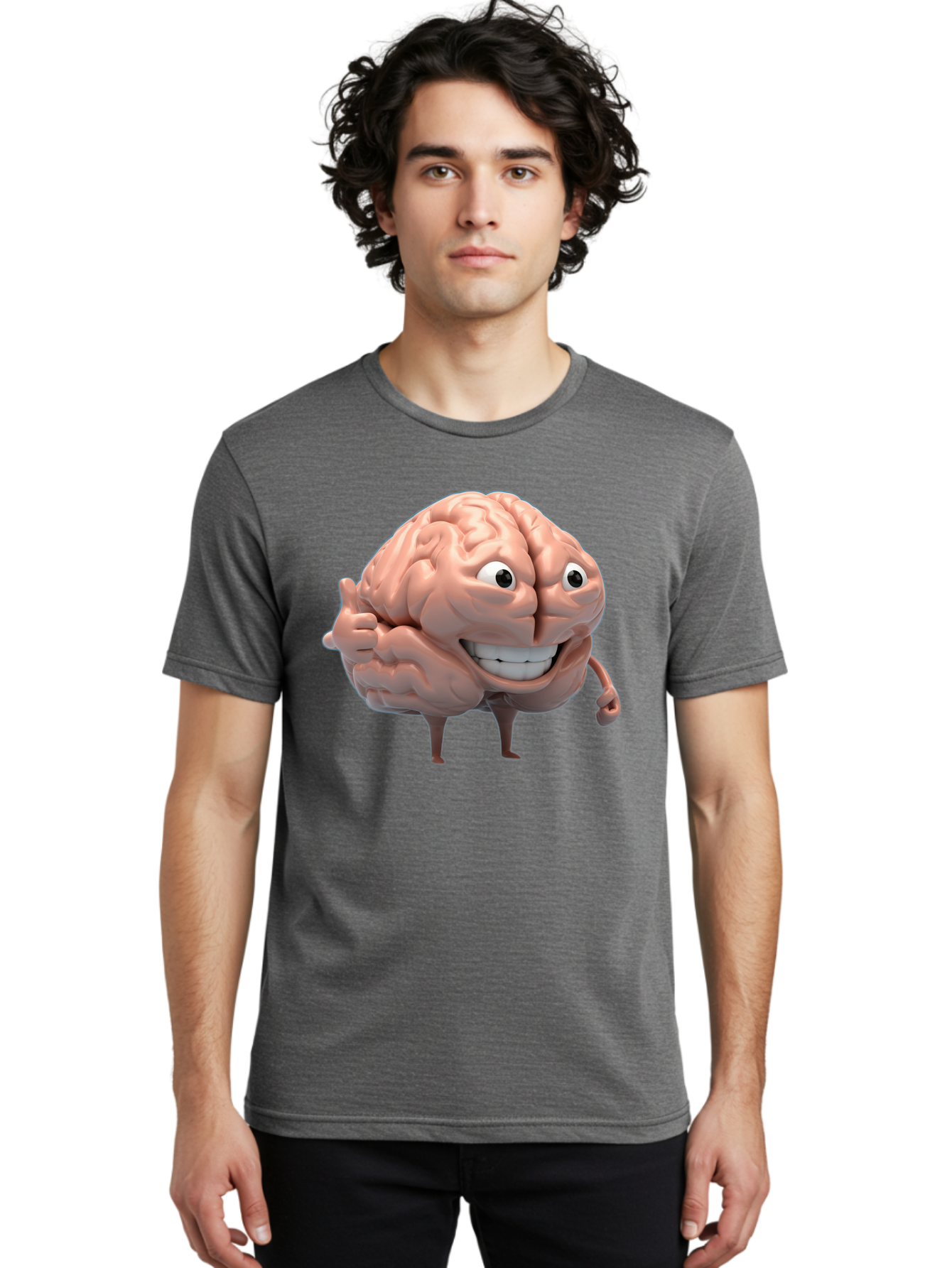 Brain-Character Men'S Graphic Tee, 100% Cotton, Comfortable Casual Summer Wear, Machine Washable, Human Brain, Cartoon Character, Thumbs Up, Smiling Face, Cognitive Function, Intelligence, Learning, Mental Power, Brain Power Bae003