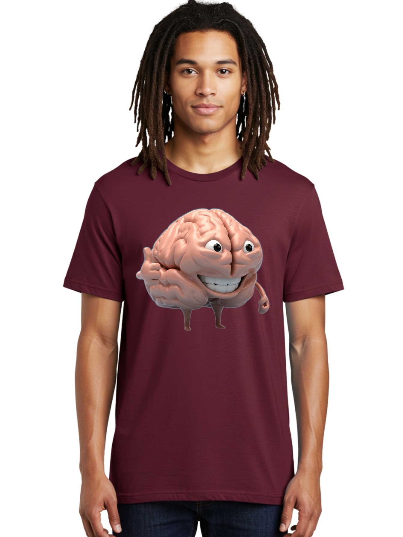 Brain-Character Men'S Graphic Tee, 100% Cotton, Comfortable Casual Summer Wear, Machine Washable, Human Brain, Cartoon Character, Thumbs Up, Smiling Face, Cognitive Function, Intelligence, Learning, Mental Power, Brain Power Bae003